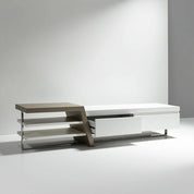 Saigon MK2 TV Stand in white and grey finishes featuring open shelves and a bottom drawer on a sleek metal frame.