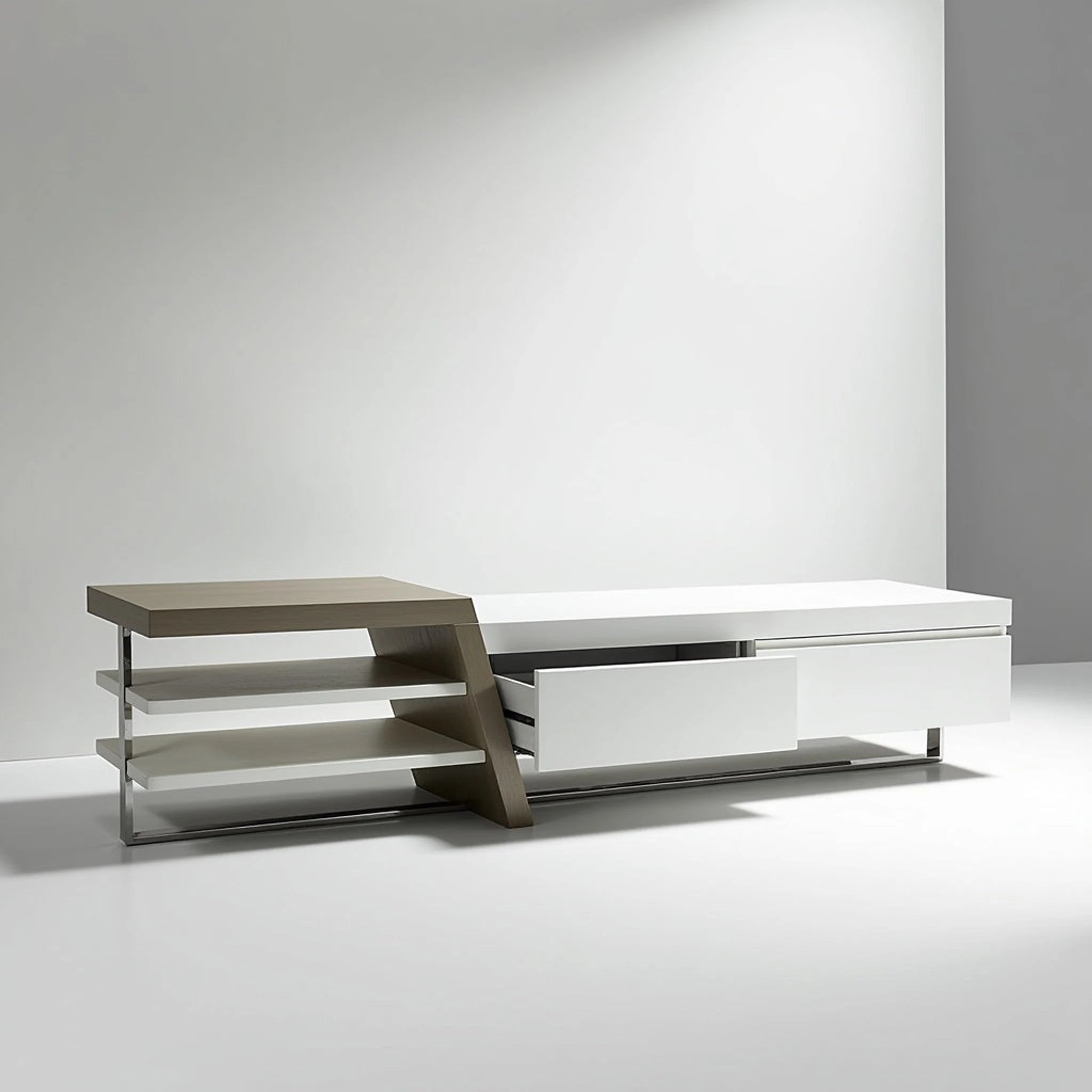 Saigon MK2 TV Stand in white and grey finishes featuring open shelves and a bottom drawer on a sleek metal frame.