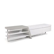Modern Saigon MK2 TV Stand in white and grey, featuring open shelving on one side and two closed drawers on a metal frame,