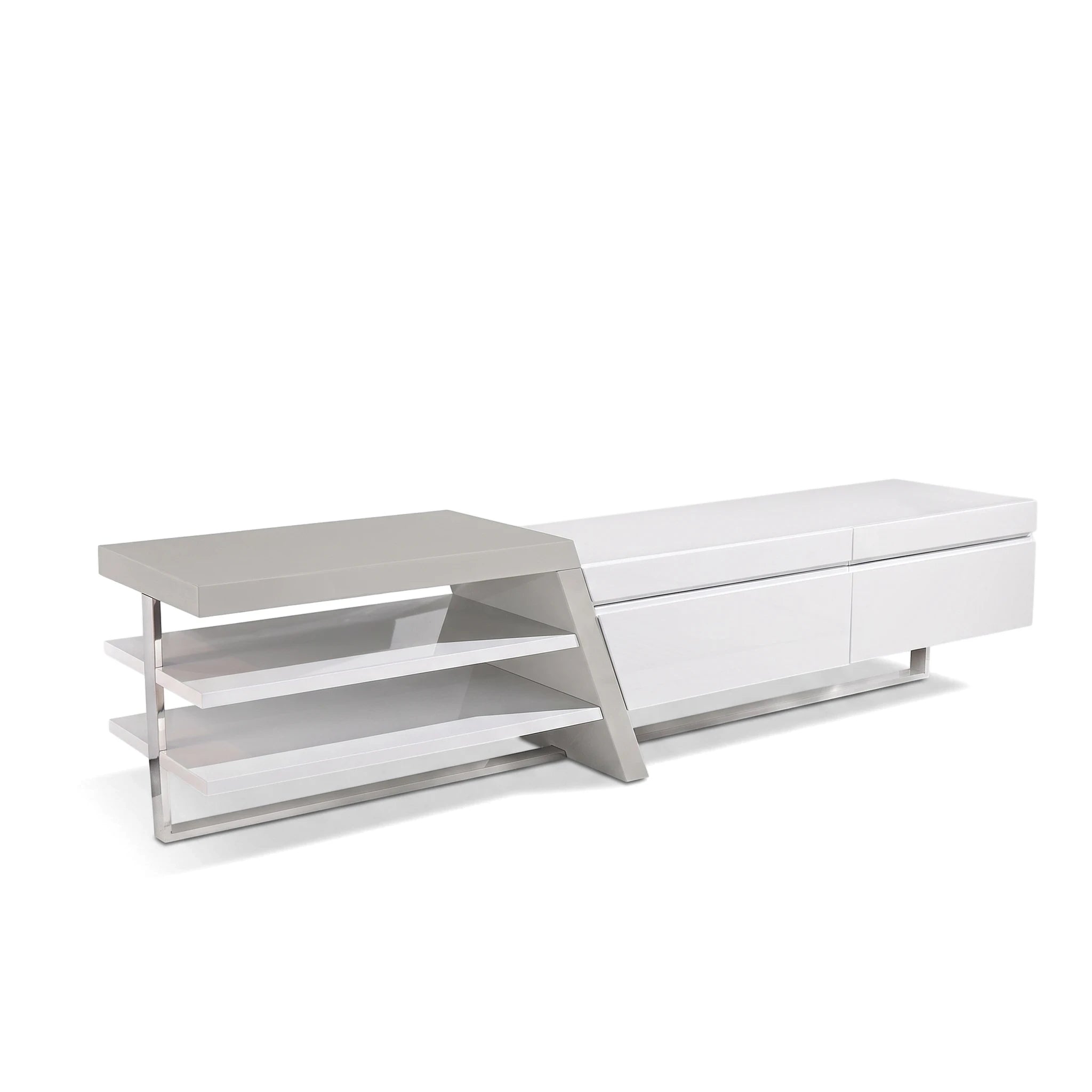 Modern Saigon MK2 TV Stand in white and grey, featuring open shelving on one side and two closed drawers on a metal frame,