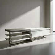 Saigon MK2 TV Stand in white and grey with a layered open-shelf side and two front drawers.