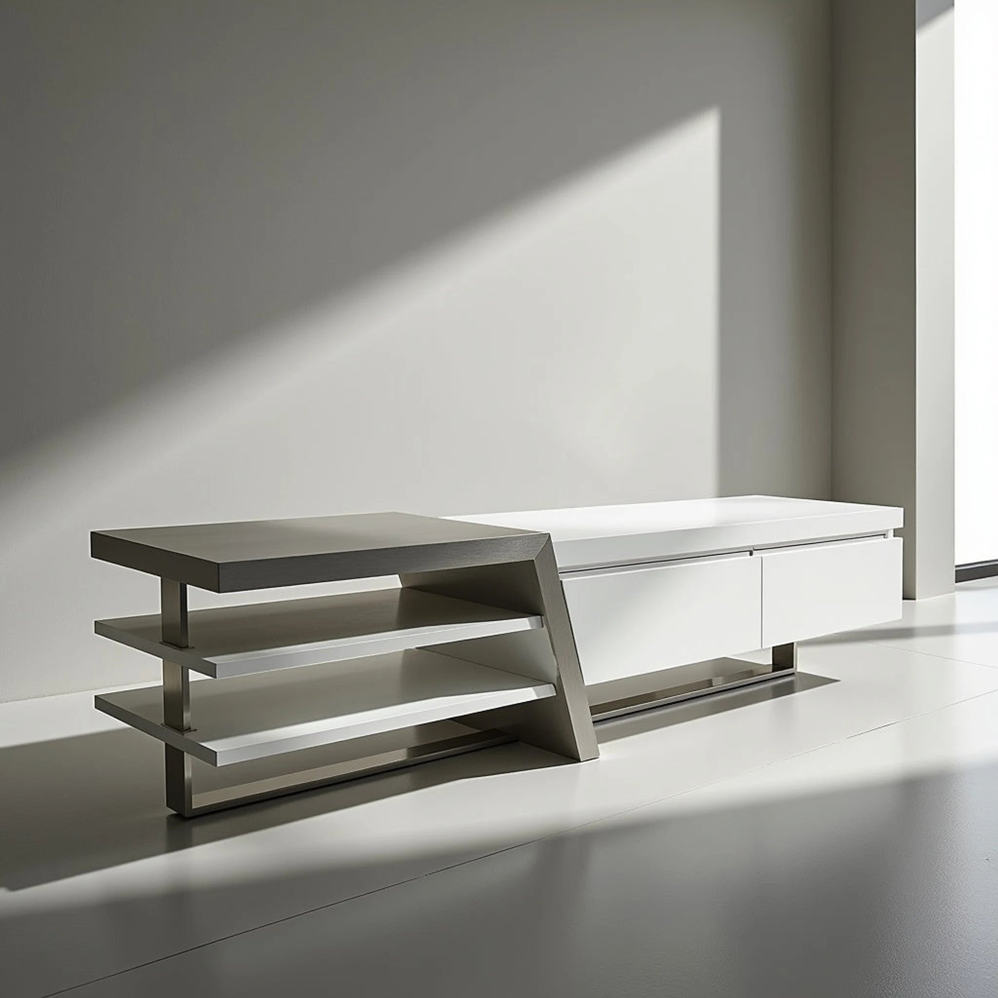 Saigon MK2 TV Stand in white and grey with a layered open-shelf side and two front drawers.