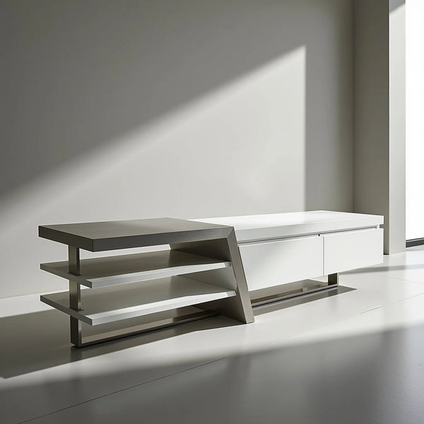 Saigon MK2 TV Stand in white and grey with a layered open-shelf side and two front drawers.