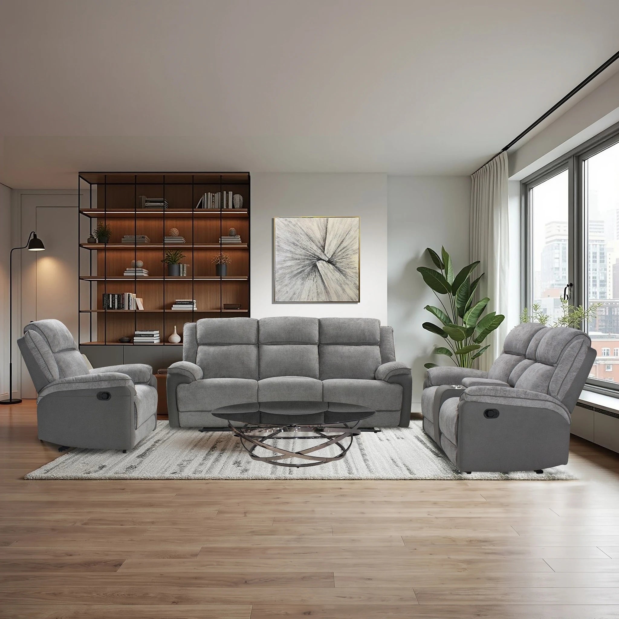 Sanoma 3 Piece 5 Action Recliner Lounge Suite in light gray fabric with plush cushions and reclining chairs for modern