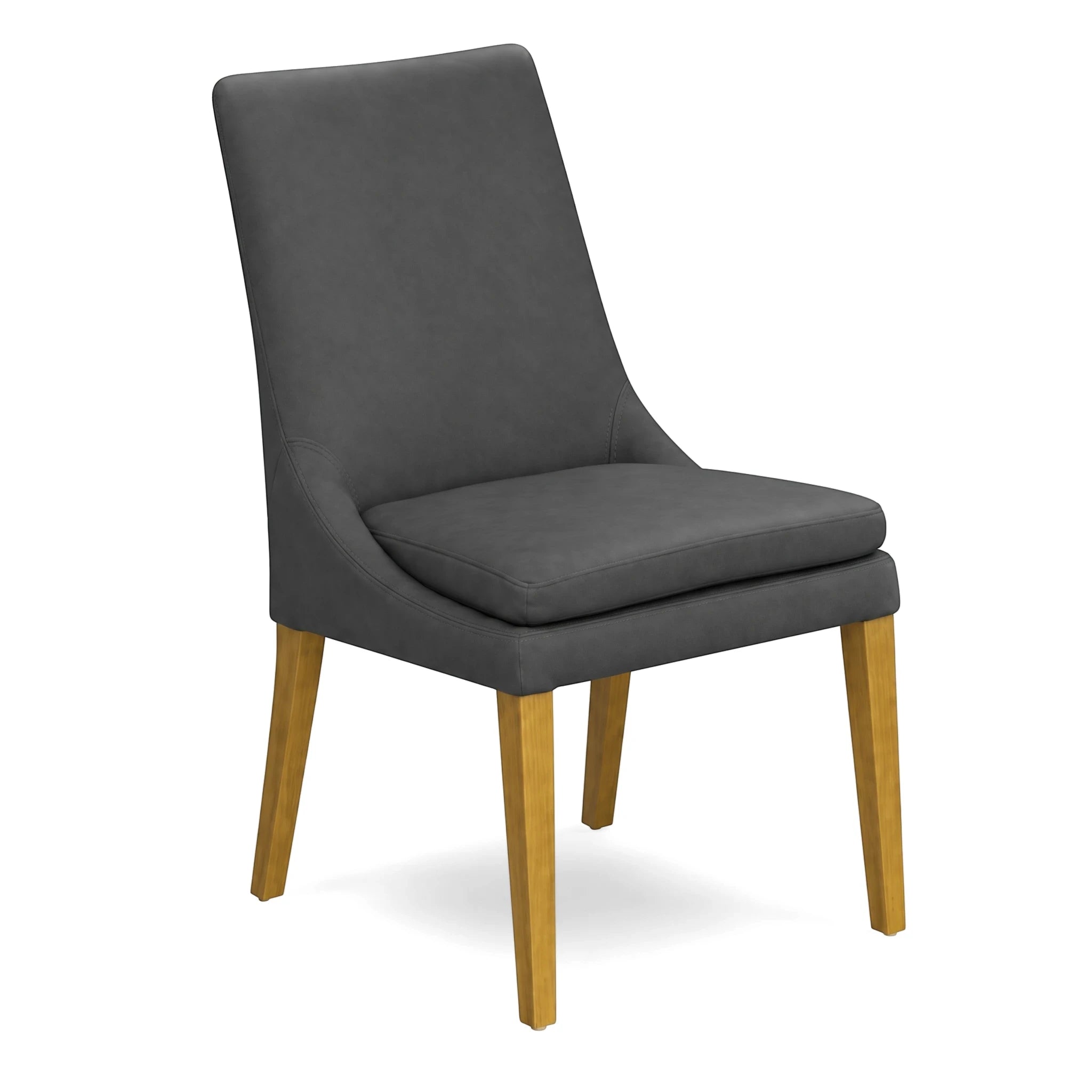 Dark grey upholstered Sardinia dining side chair with light wooden legs, shown from a front-side angle on a white background.