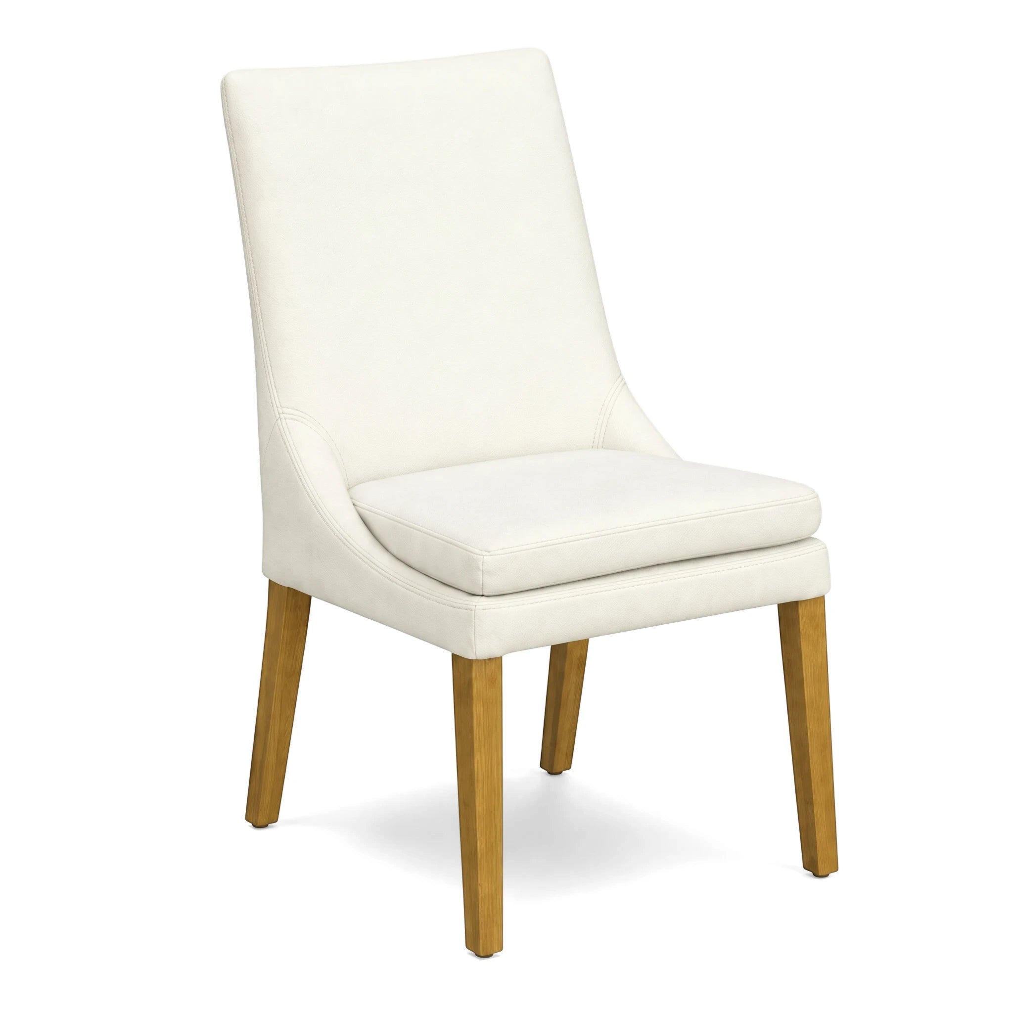 White upholstered Sardinia dining side chair with light brown wooden legs, presented in a three-quarter view. Modern dining
