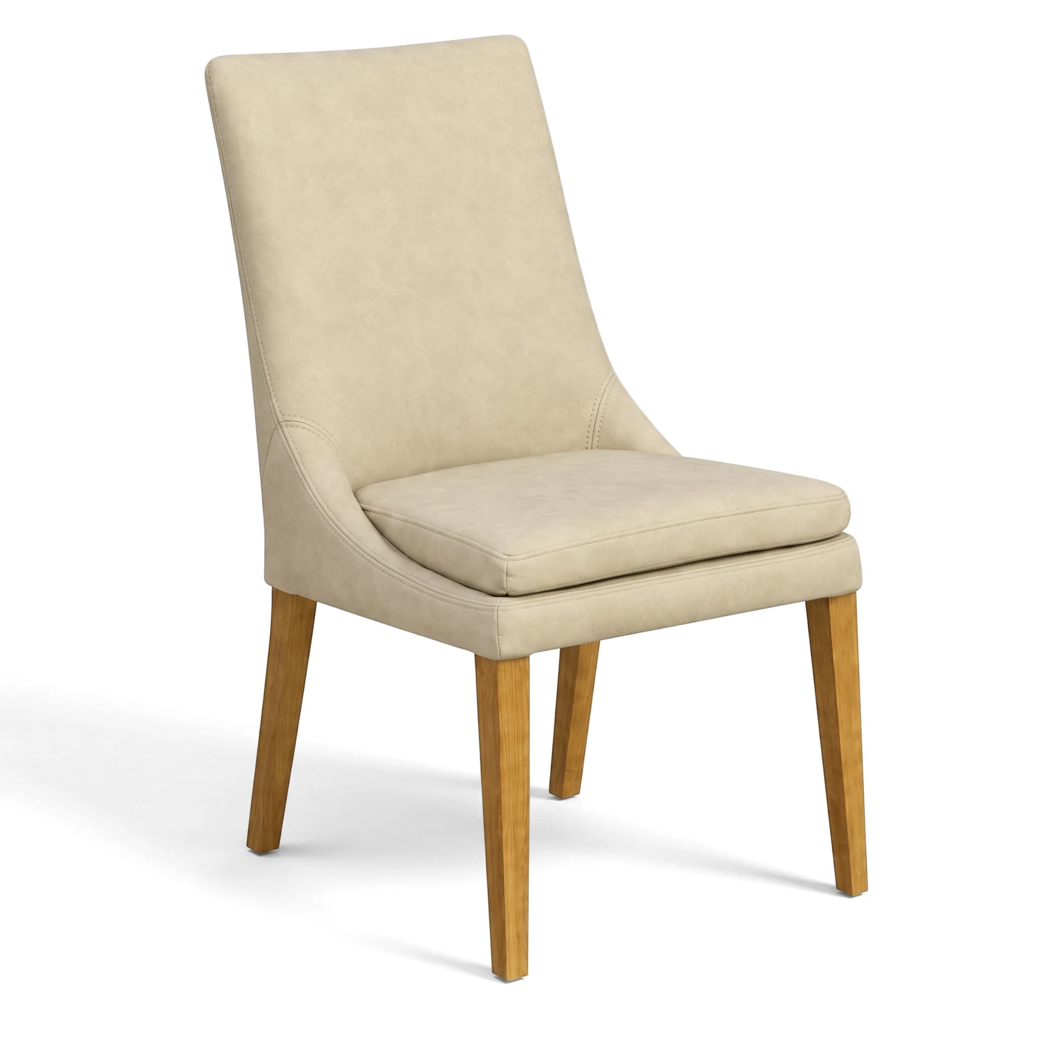 Latte upholstered Sardinia dining side chair with light brown tapered wooden legs, viewed from a slight angle.