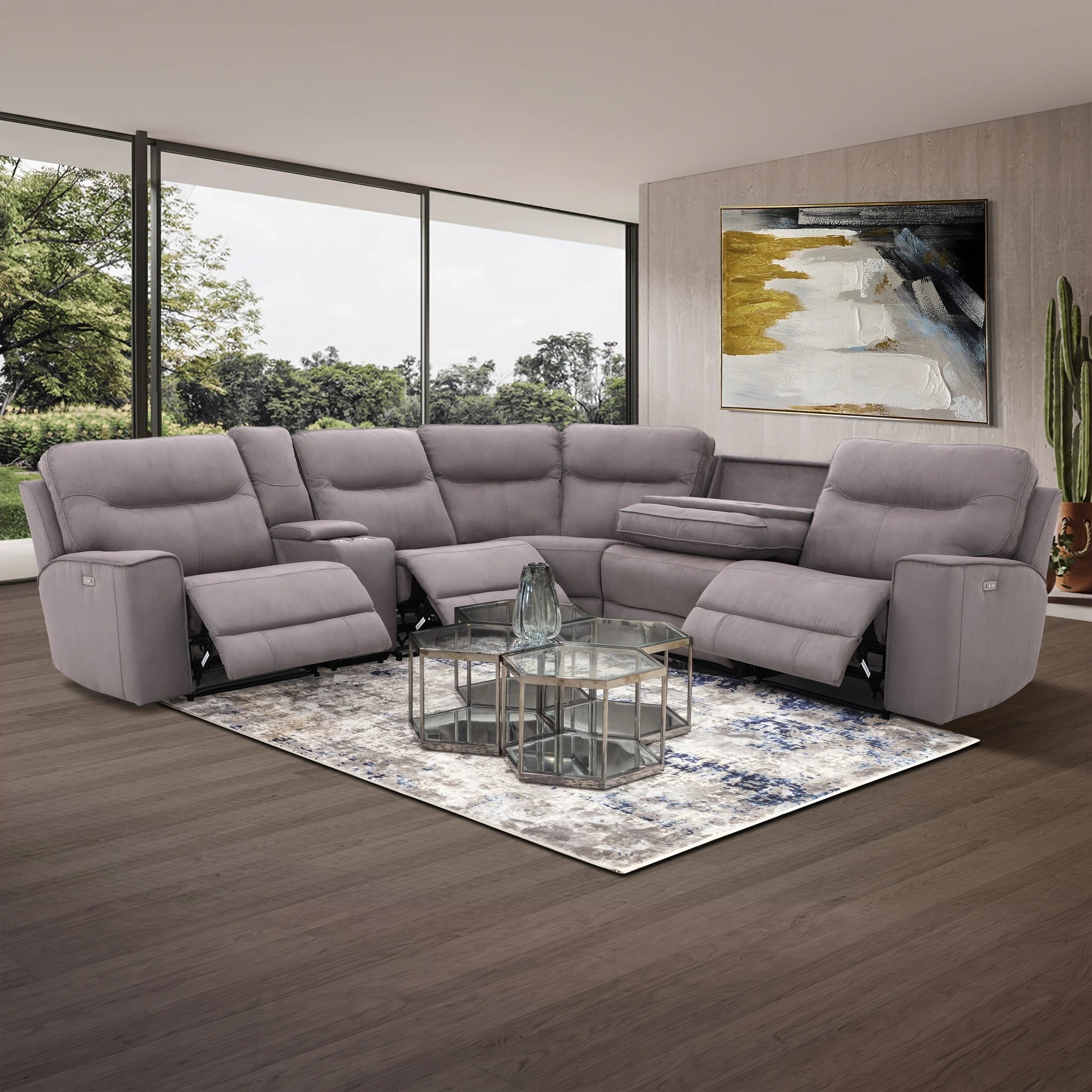 Seattle MK2 3 Power Lounge Suite in gray upholstery with powered reclining seats and a sectional arrangement for family