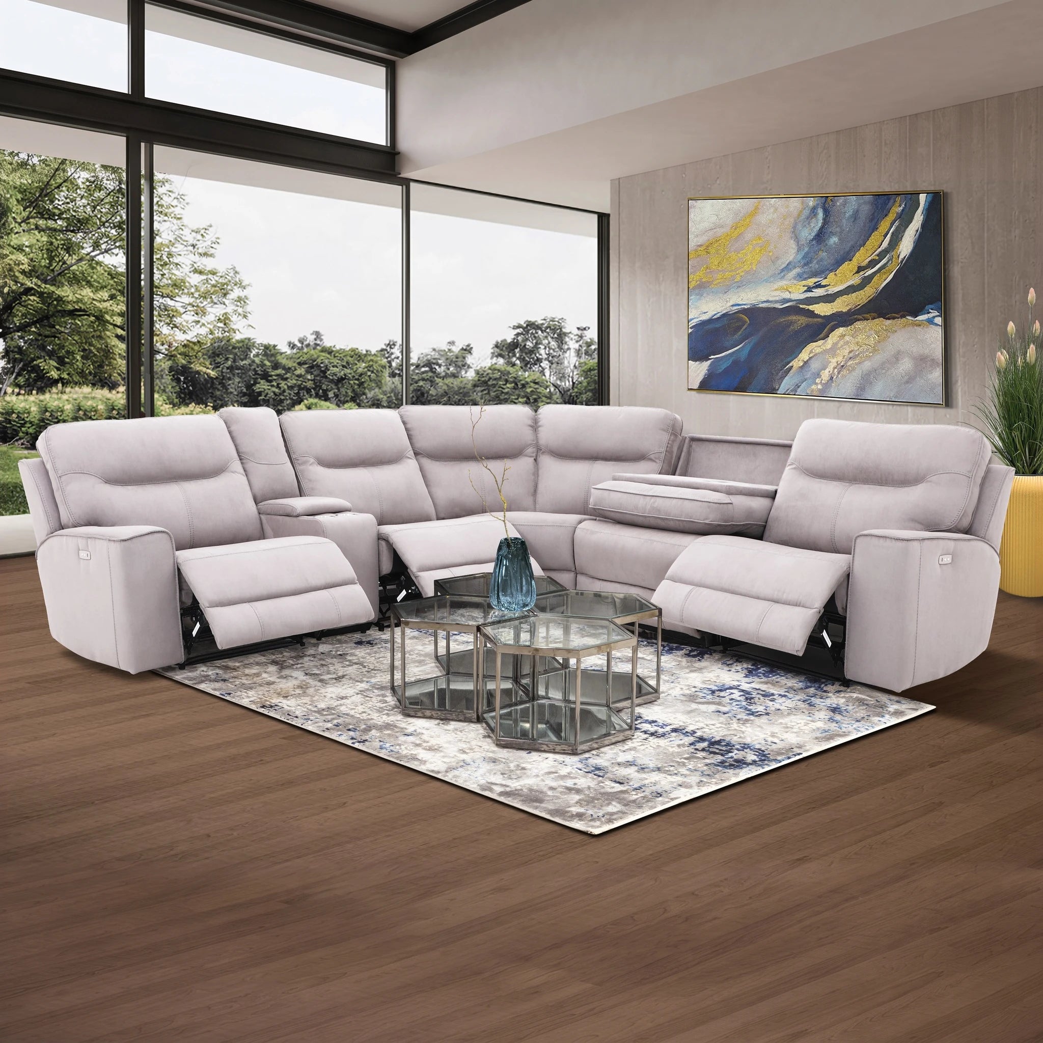 Seattle MK2 3 Power Lounge Suite in light gray fabric with reclining seats for a modern living room.