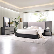 Sen Dressing Table And Mirror in mineral finish with a black wood texture, featuring a dresser with multiple drawers for