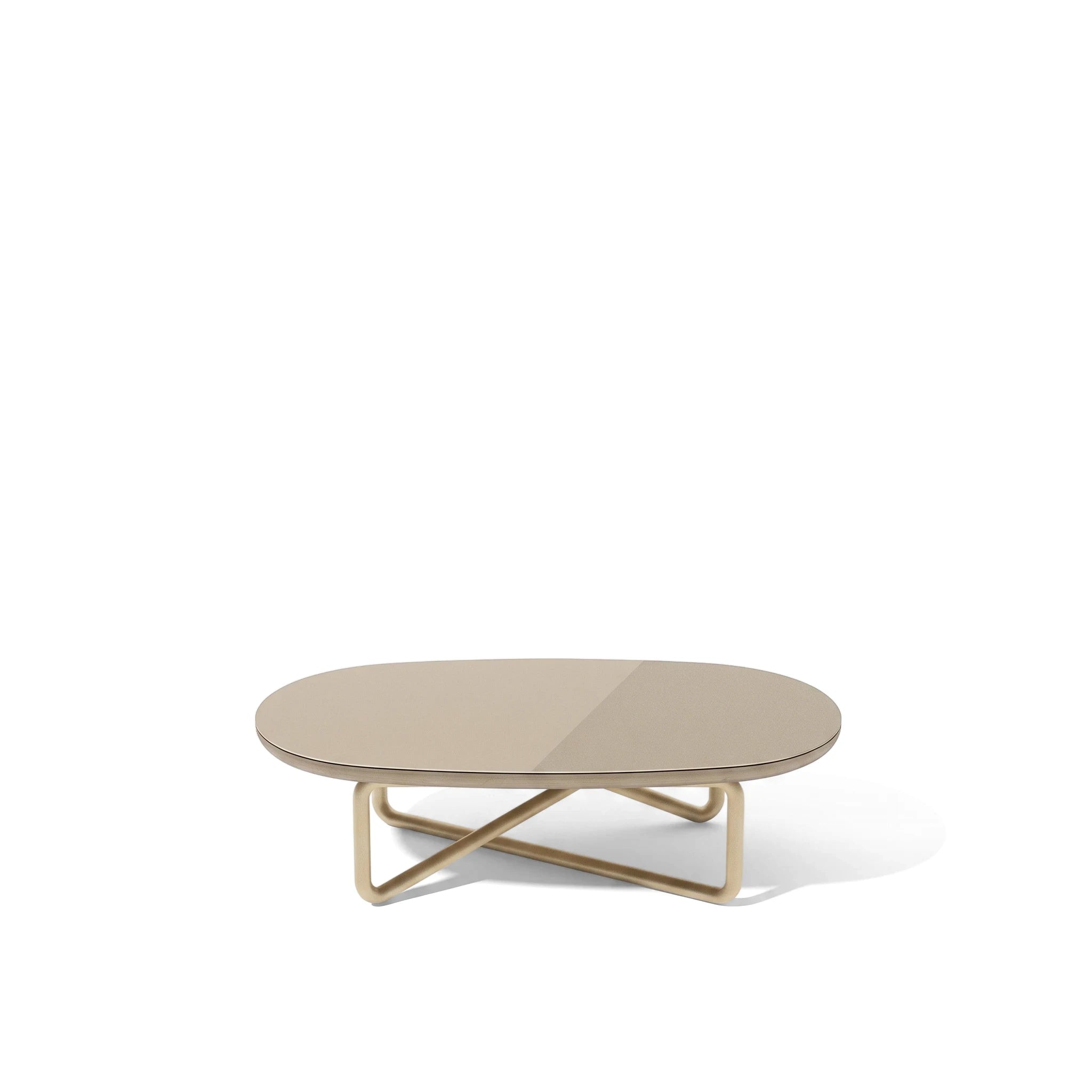 Shimmer Coffee Table in champagne with an oval top and a unique criss-cross metal base, photographed from a frontal angle.