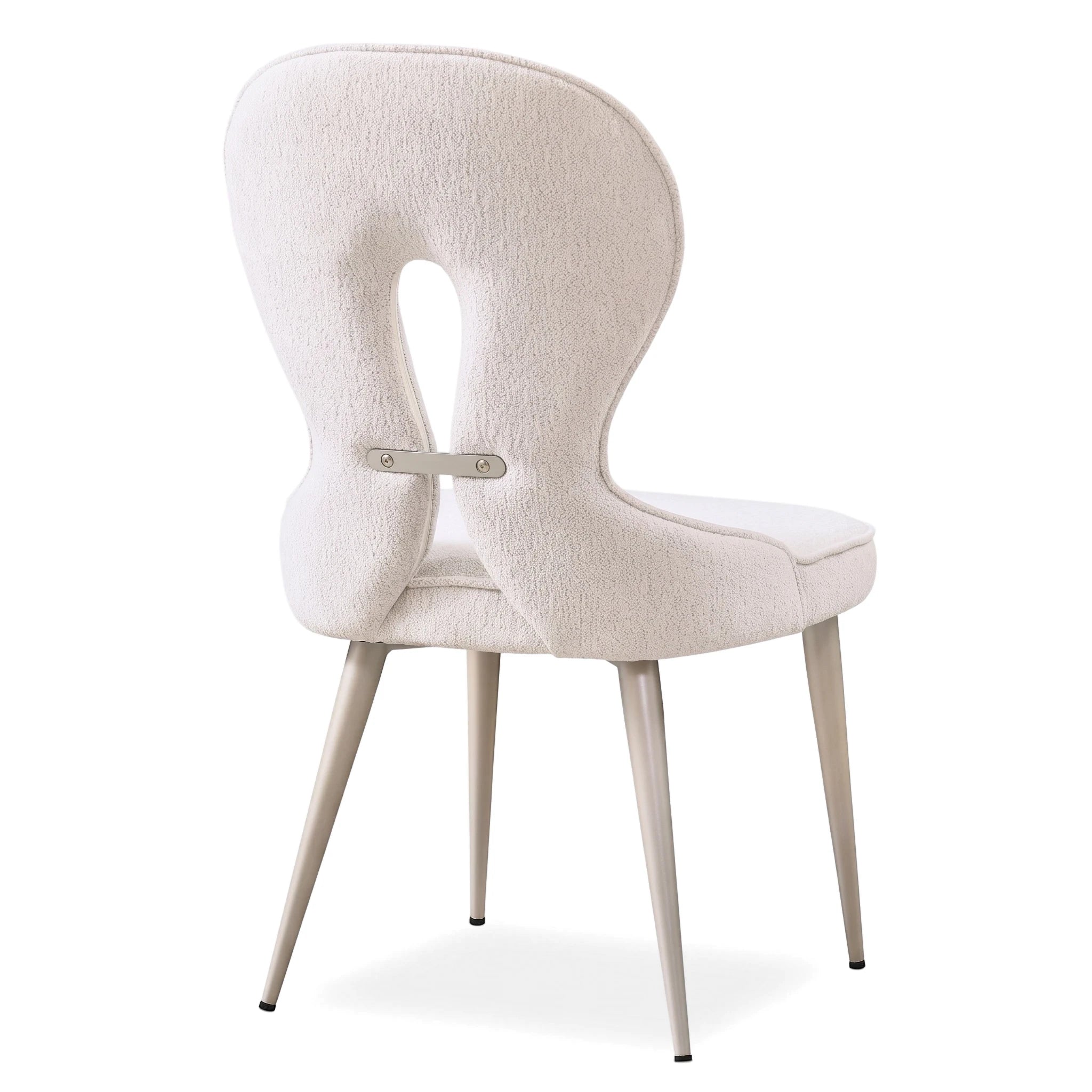 Shimmer Dining Room Chair with off-white textured fabric and curved back with a cutout, featuring metallic tapered legs,