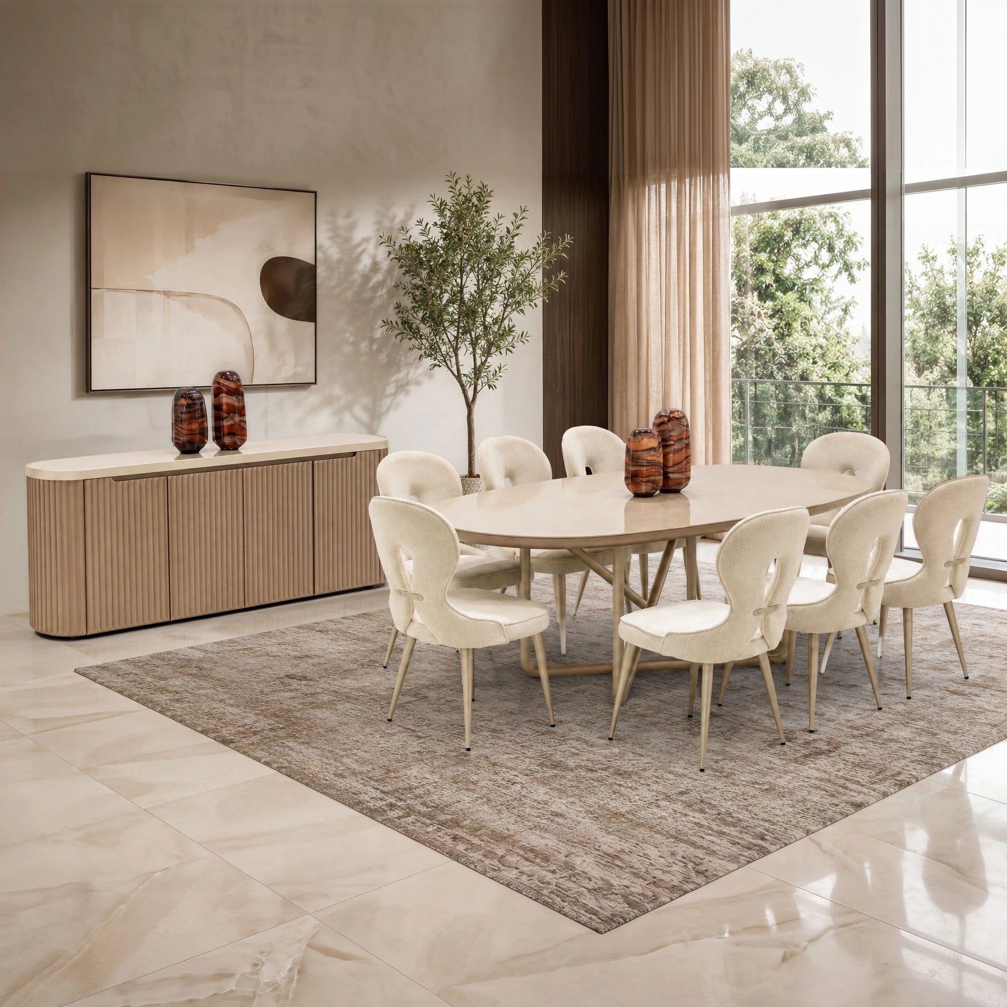 Shimmer Dining Room Table in cream finish with a round top, paired with beige upholstered chairs in a modern dining set.