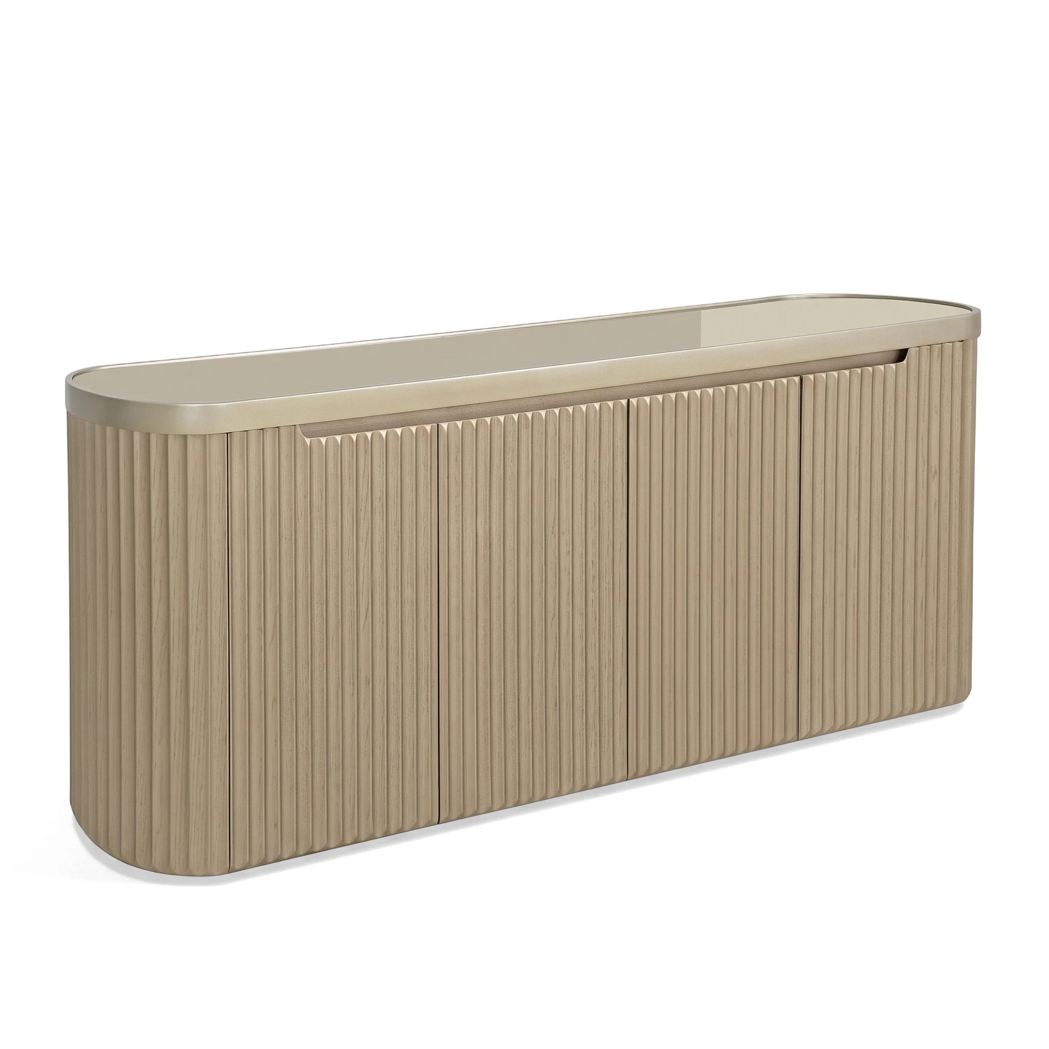 Modern Shimmer Sideboard with light wood vertical fluting, a clear glass top, and subtle metallic trim, captured at an
