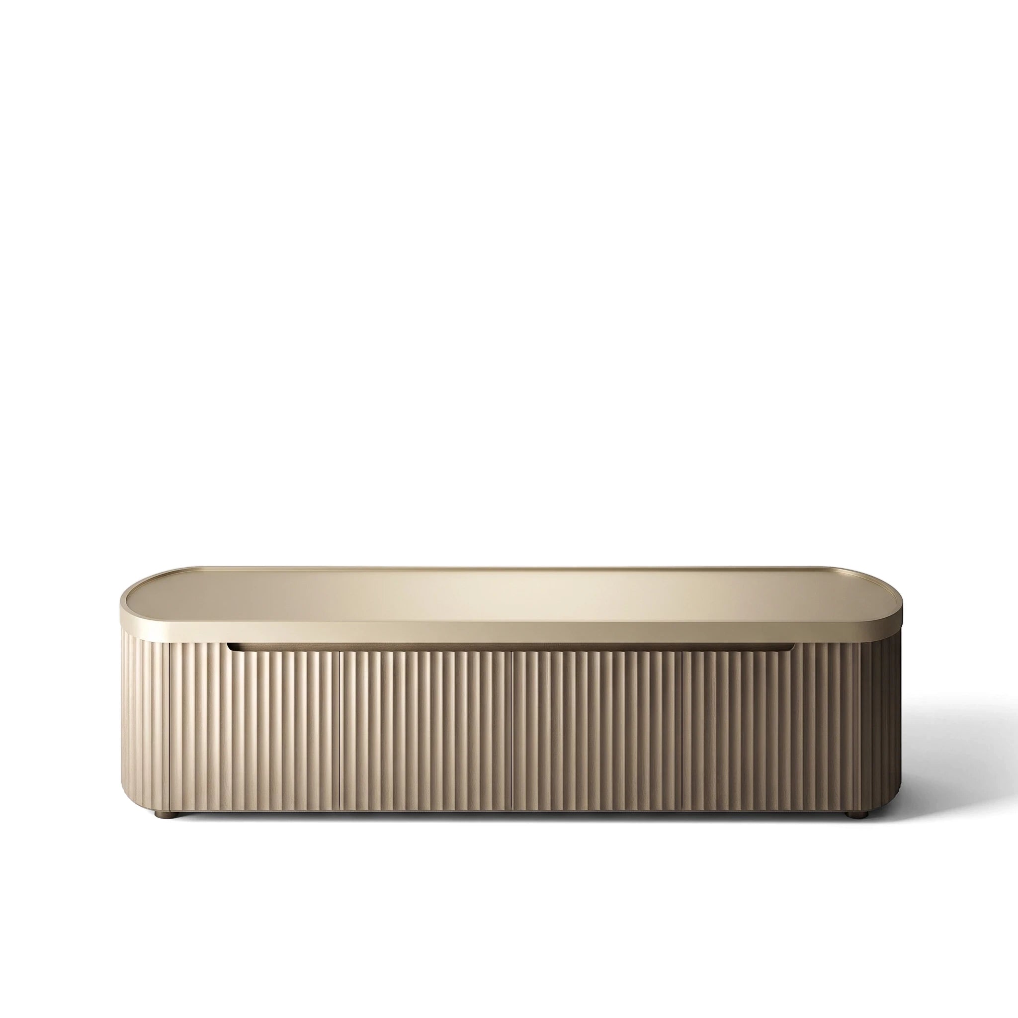 Modern Shimmer TV Stand in champagne with textured ridged cabinet doors and rounded corners on a white background.