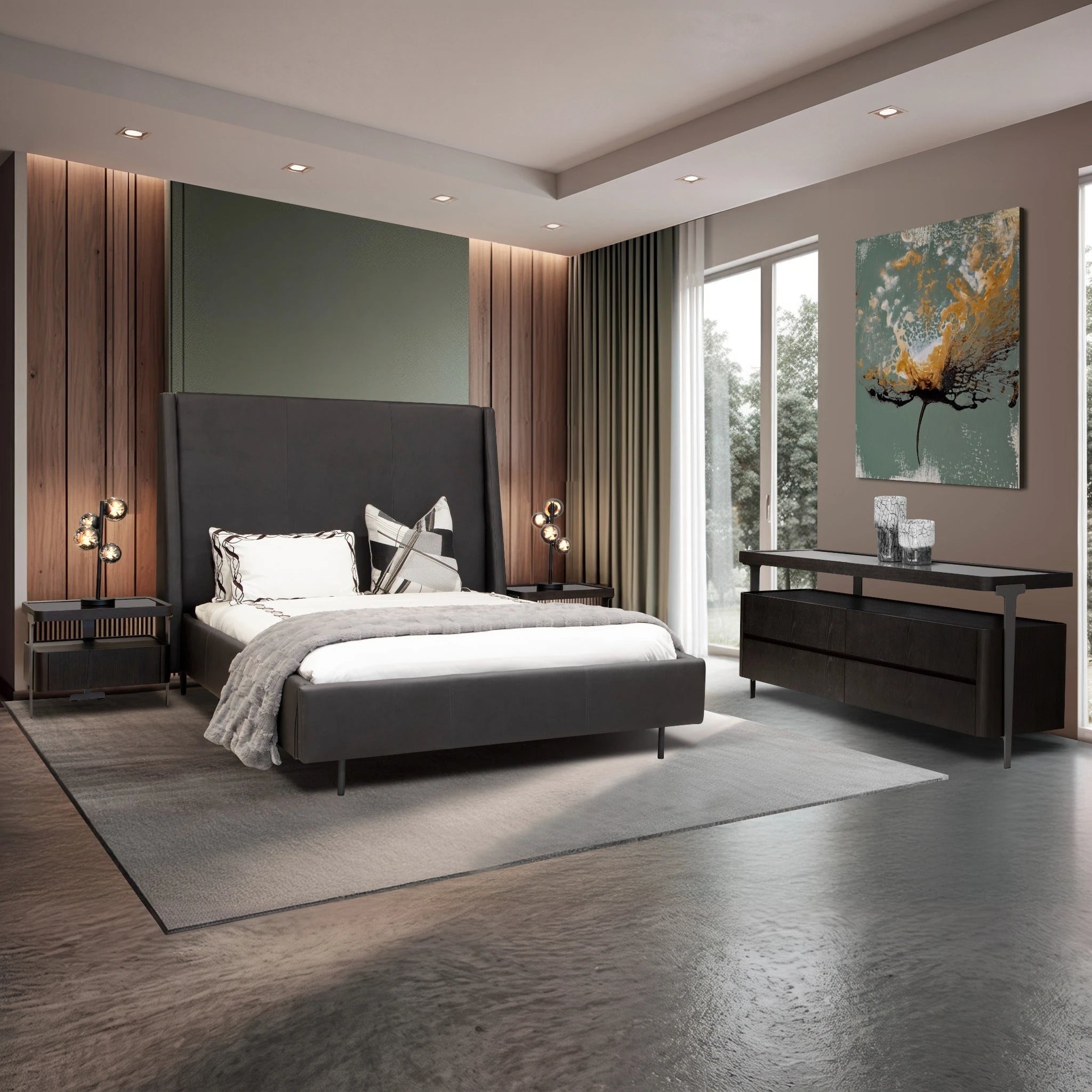 Sierra Chest Of Drawers in brown wood finish placed in a modern bedroom with a black upholstered bed.