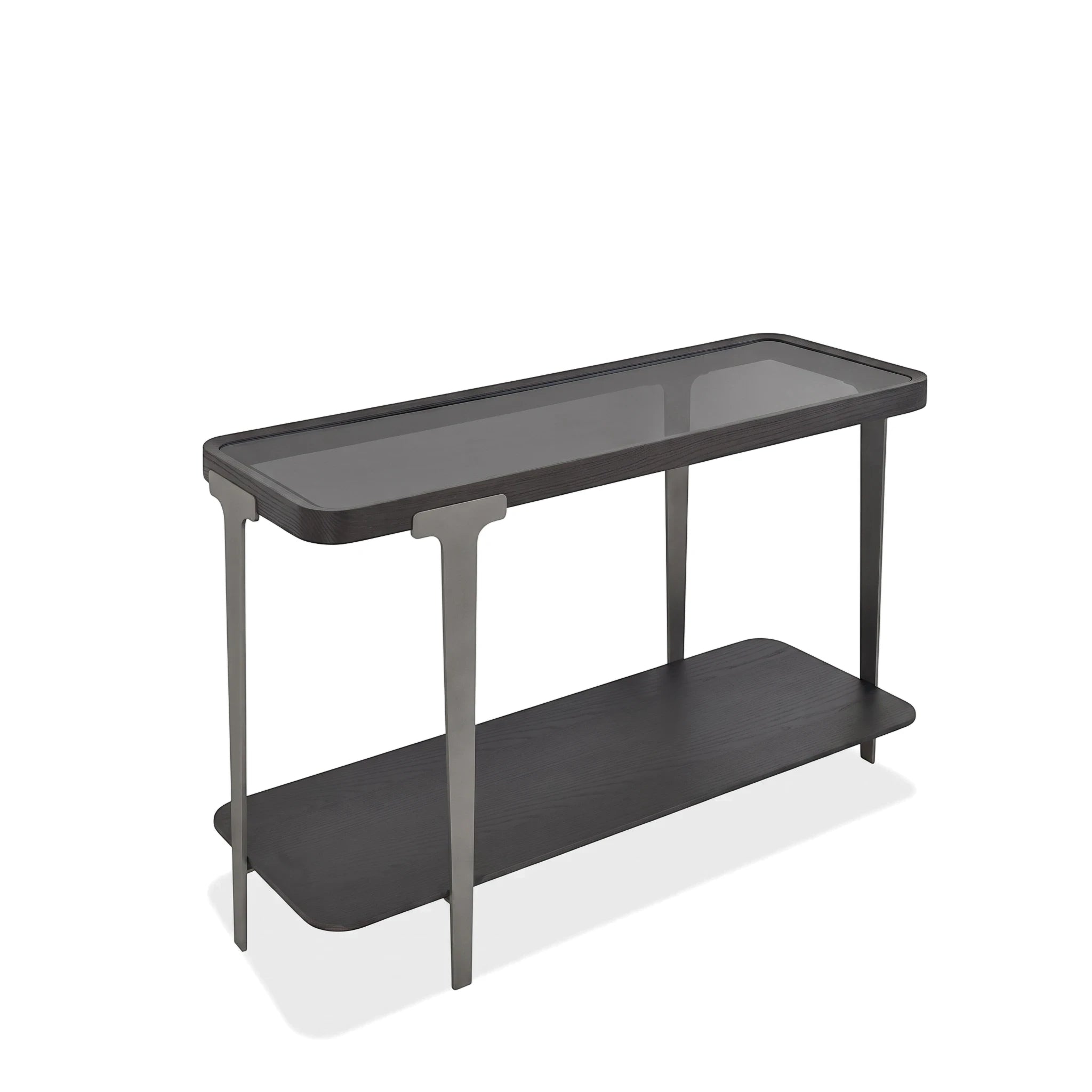 Modern Sierra Console Table crafted from dark wood with a glass top and a sleek metal frame, featuring a lower storage shelf.