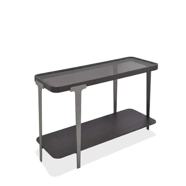 Modern Sierra Console Table crafted from dark wood with a glass top and a sleek metal frame, featuring a lower storage shelf.
