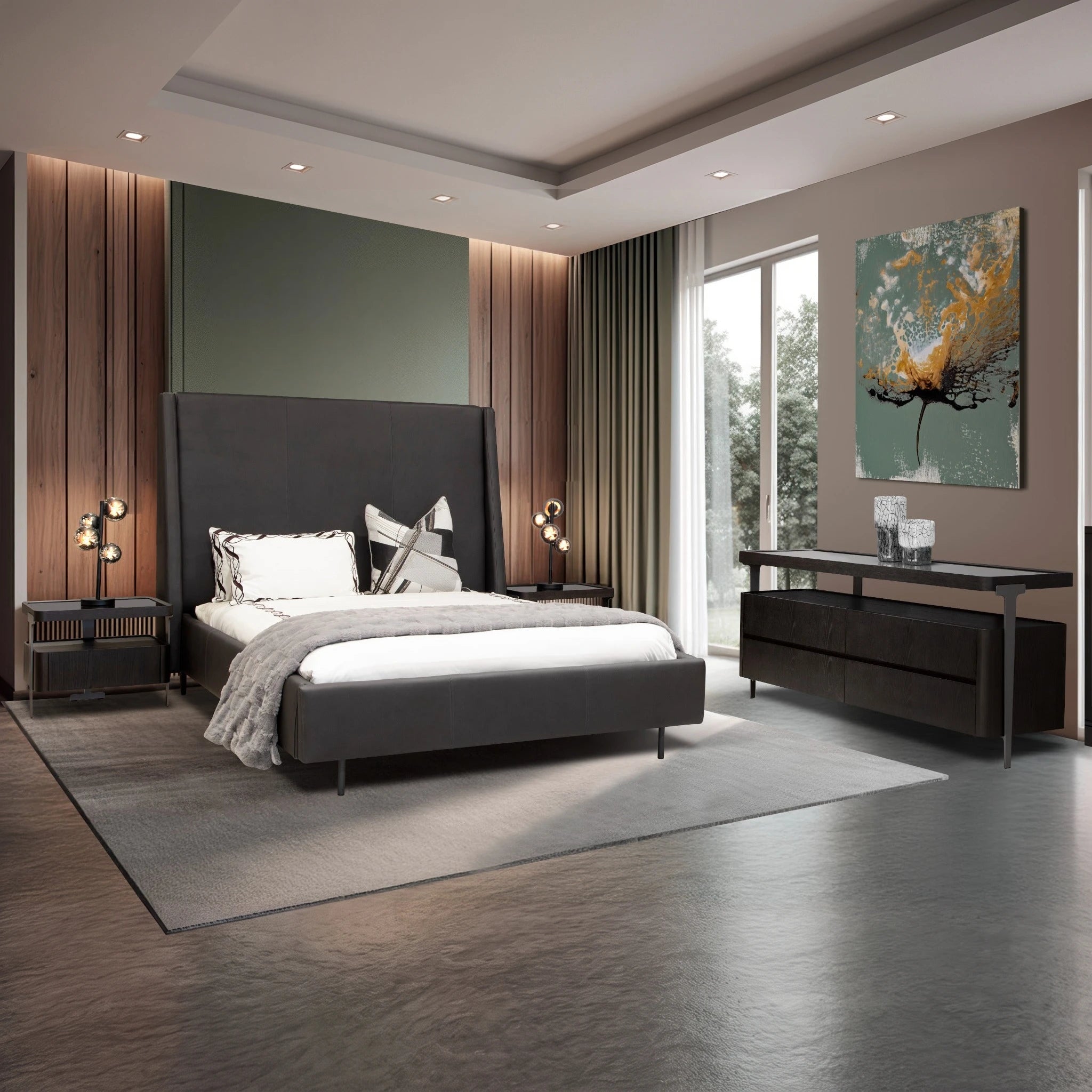 Sierra Leather Bed in Lava with charcoal upholstery and tall headboard, complemented by matching nightstands in a