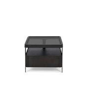 Modern dark brown wood and glass Sierra Pedestal side table, featuring a two-tiered design and slender metal legs.