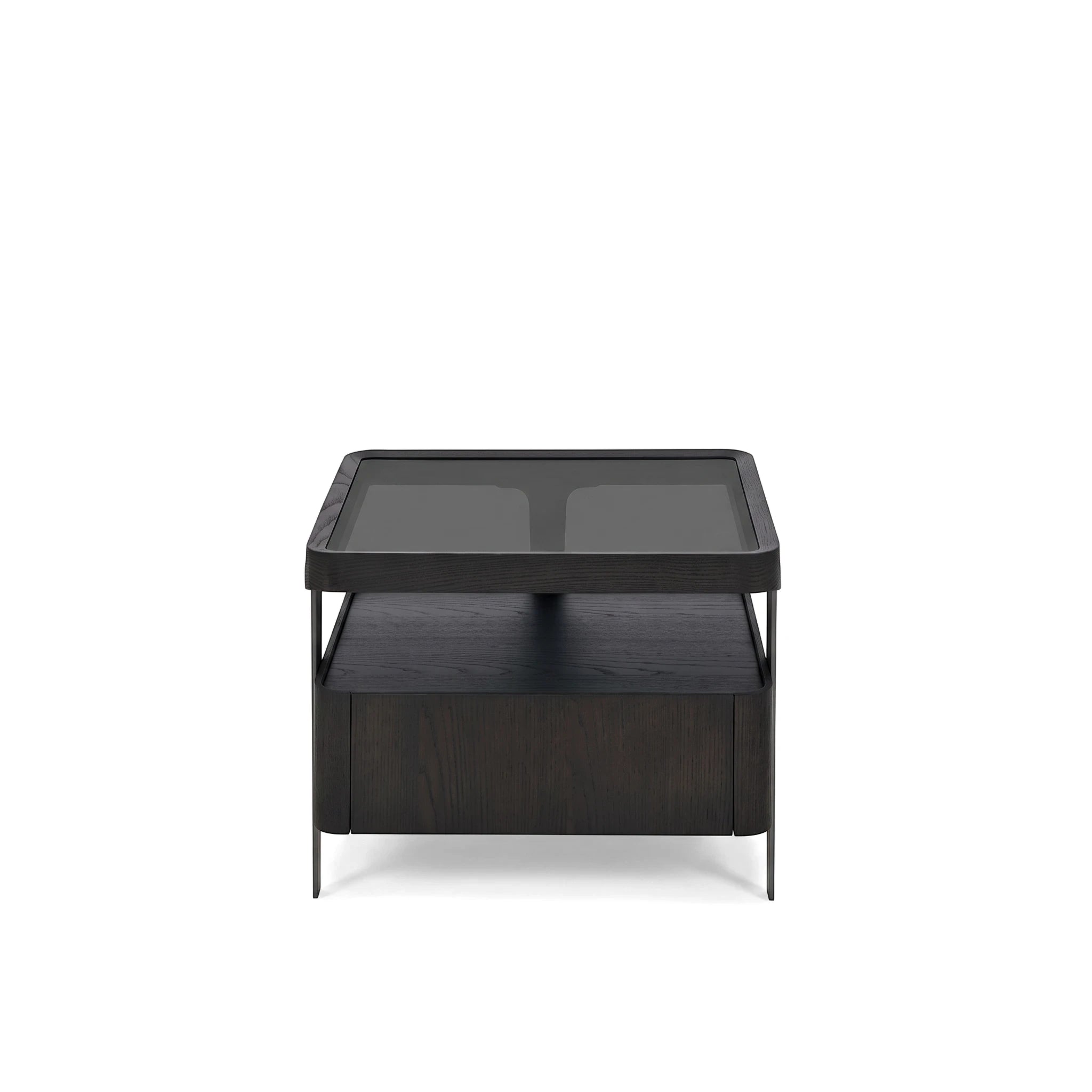Modern dark brown wood and glass Sierra Pedestal side table, featuring a two-tiered design and slender metal legs.