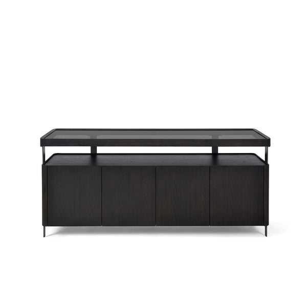 A modern Sierra Sideboard crafted from dark wood, featuring a sleek glass top and four cabinet doors, presented front-on.