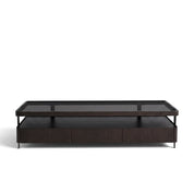 A dark brown Sierra TV stand featuring a sleek black glass top and three storage drawers, presented from a frontal view.
