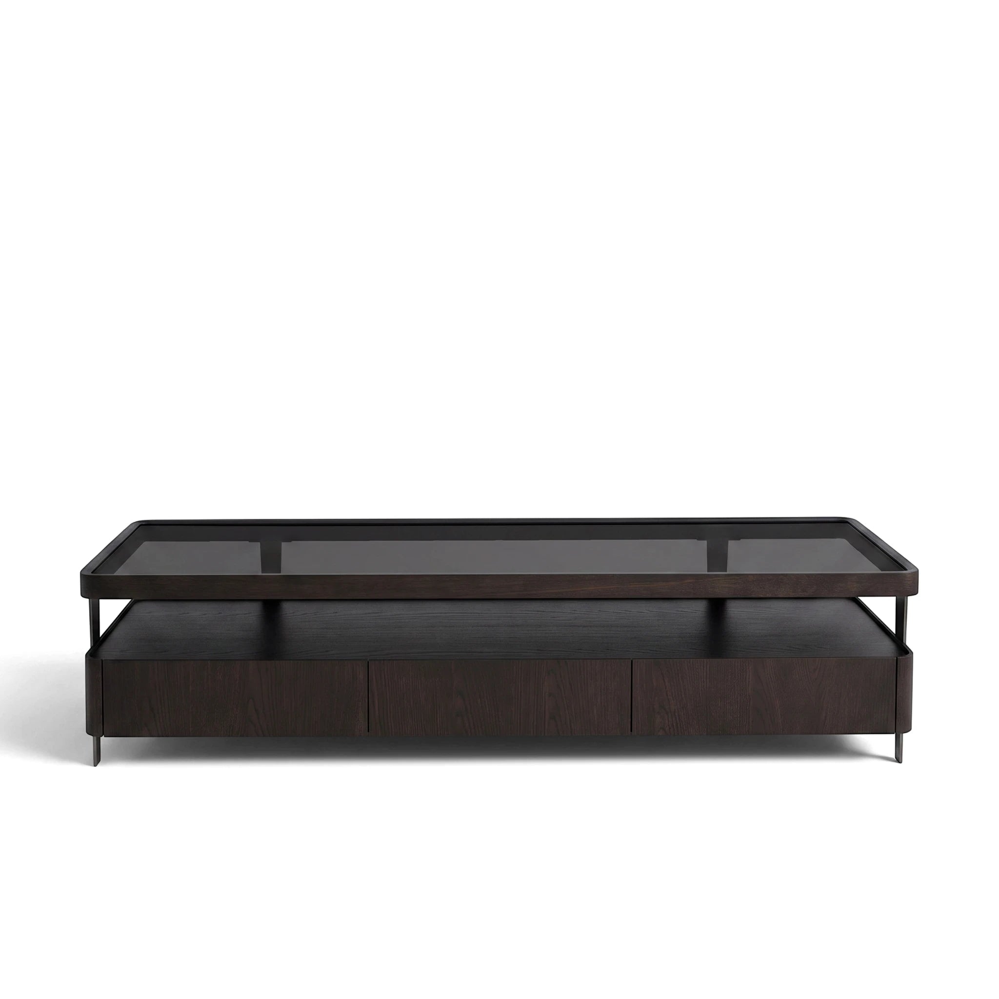 A dark brown Sierra TV stand featuring a sleek black glass top and three storage drawers, presented from a frontal view.