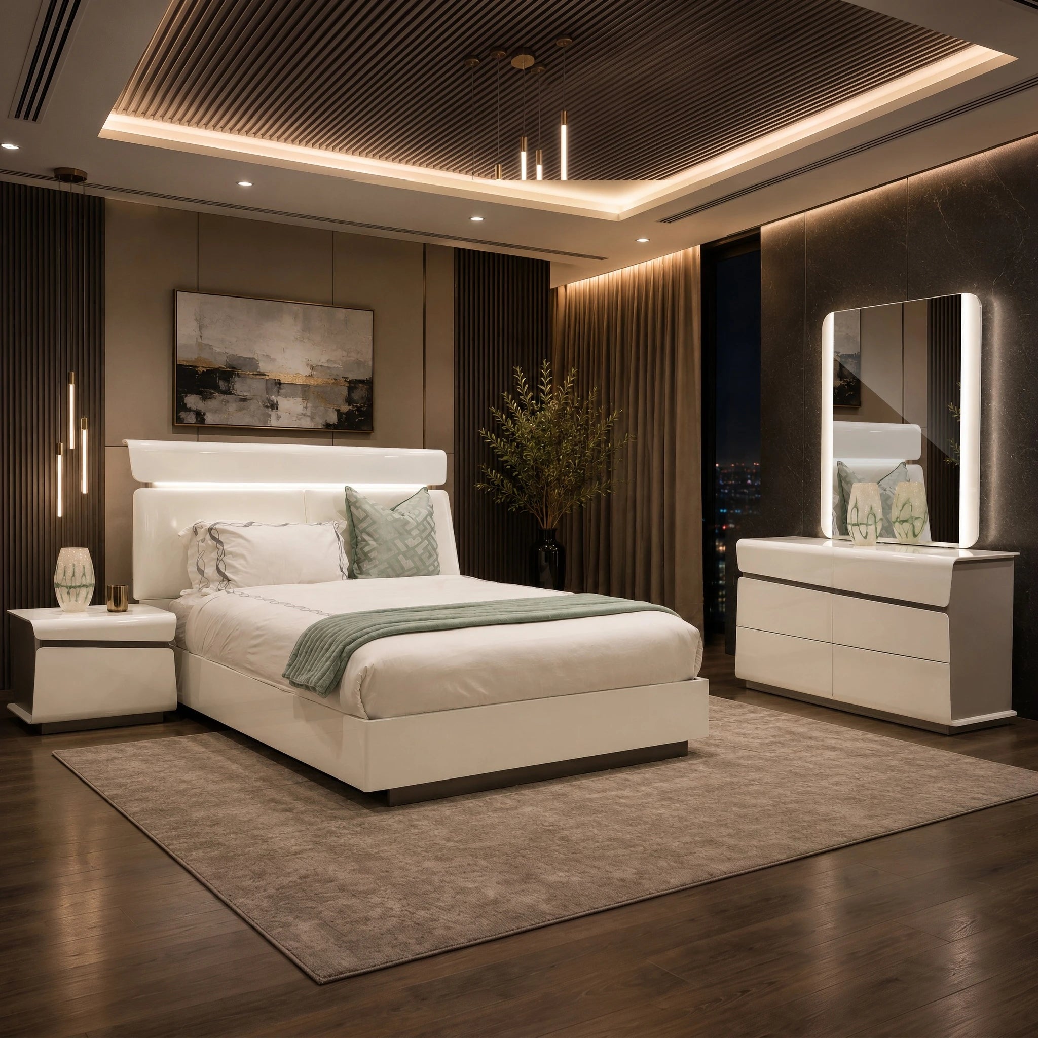 Sorrento 3 Piece Bedroom Suite in white with a modern bed, matching nightstands and dresser in a luxurious contemporary