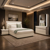 Sorrento Dressing Table And Mirror in white with a glossy finish, a contemporary vanity set beside a bed.