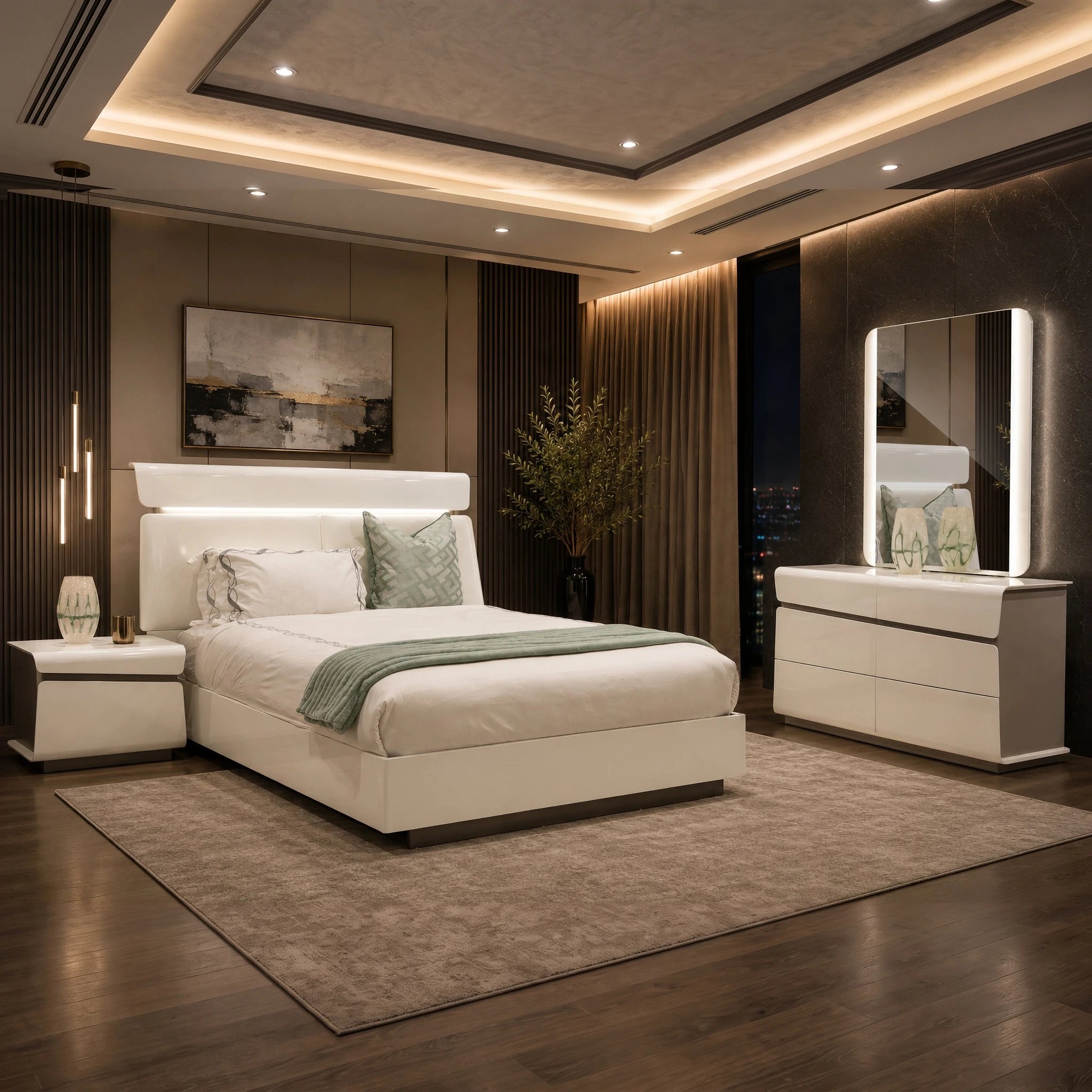 Sorrento Dressing Table And Mirror in white with a glossy finish, a contemporary vanity set beside a bed.