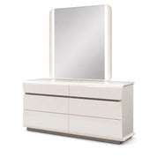 Modern white high-gloss Sorrento dressing table with six drawers and an illuminated rectangular mirror. Front-facing view.