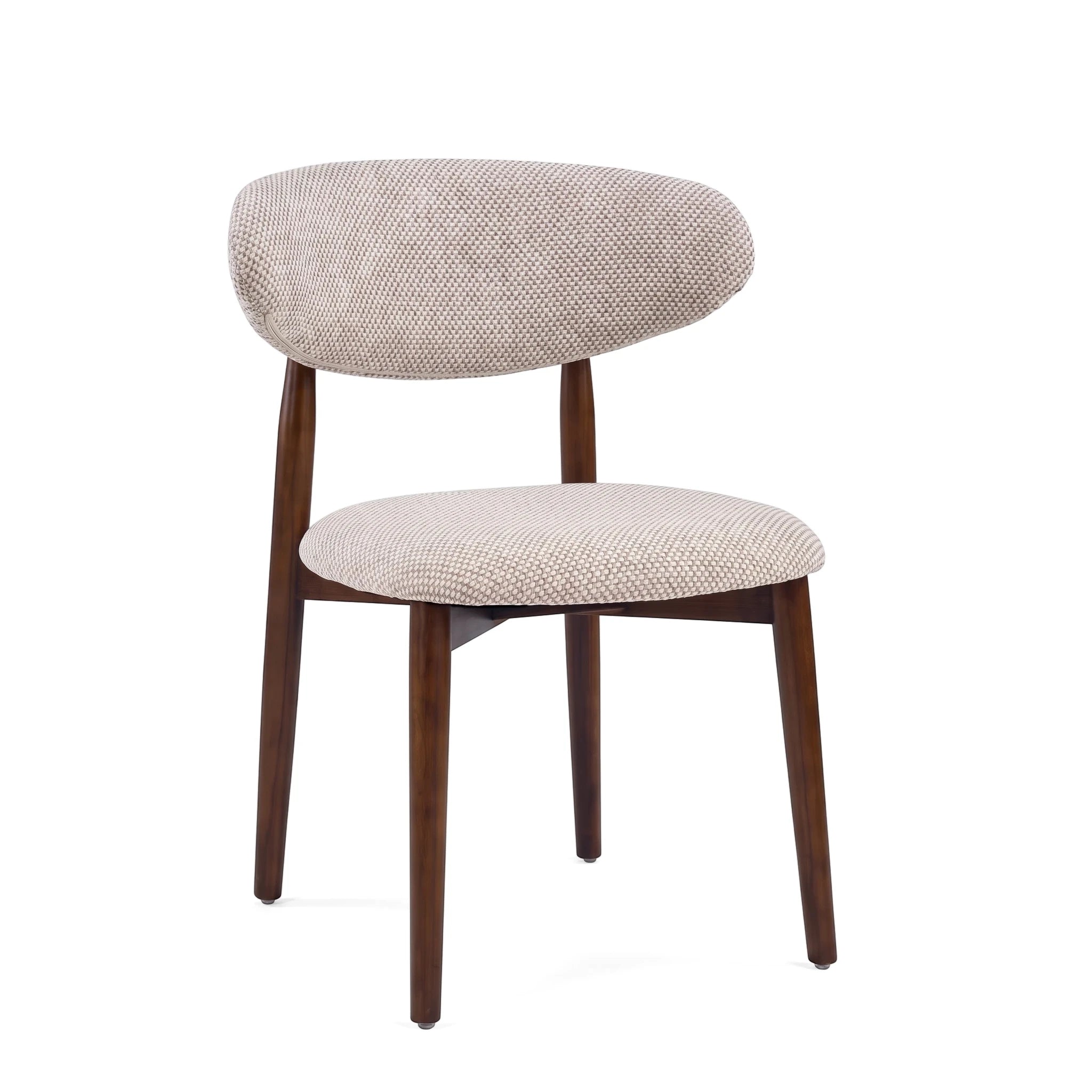 Stirling Dining Room Chair with beige woven fabric upholstery and dark brown wooden legs, presented in a mid-century modern