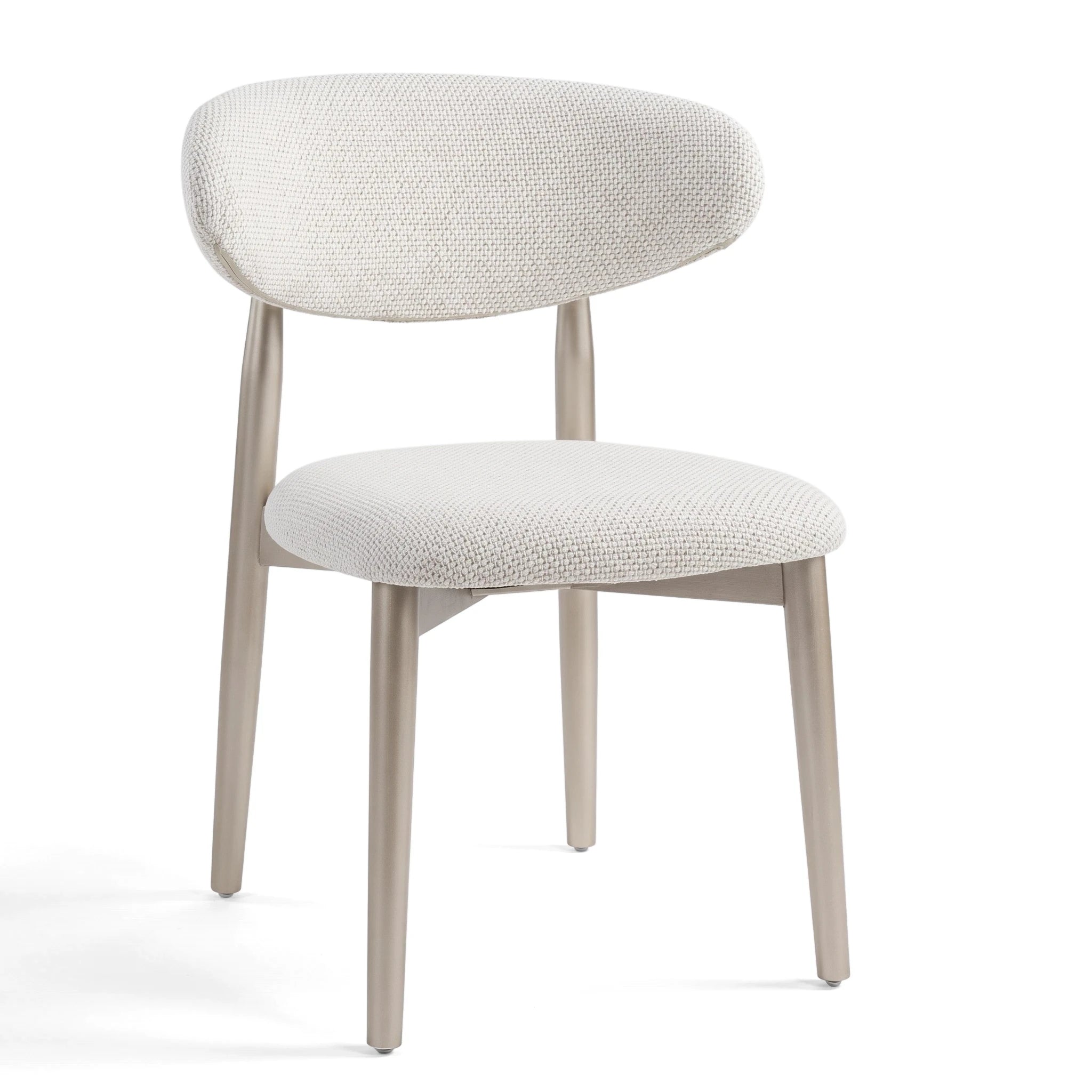 Stirling Dining Room Chair featuring a white textured fabric seat and backrest with slender champagne gold metal legs.