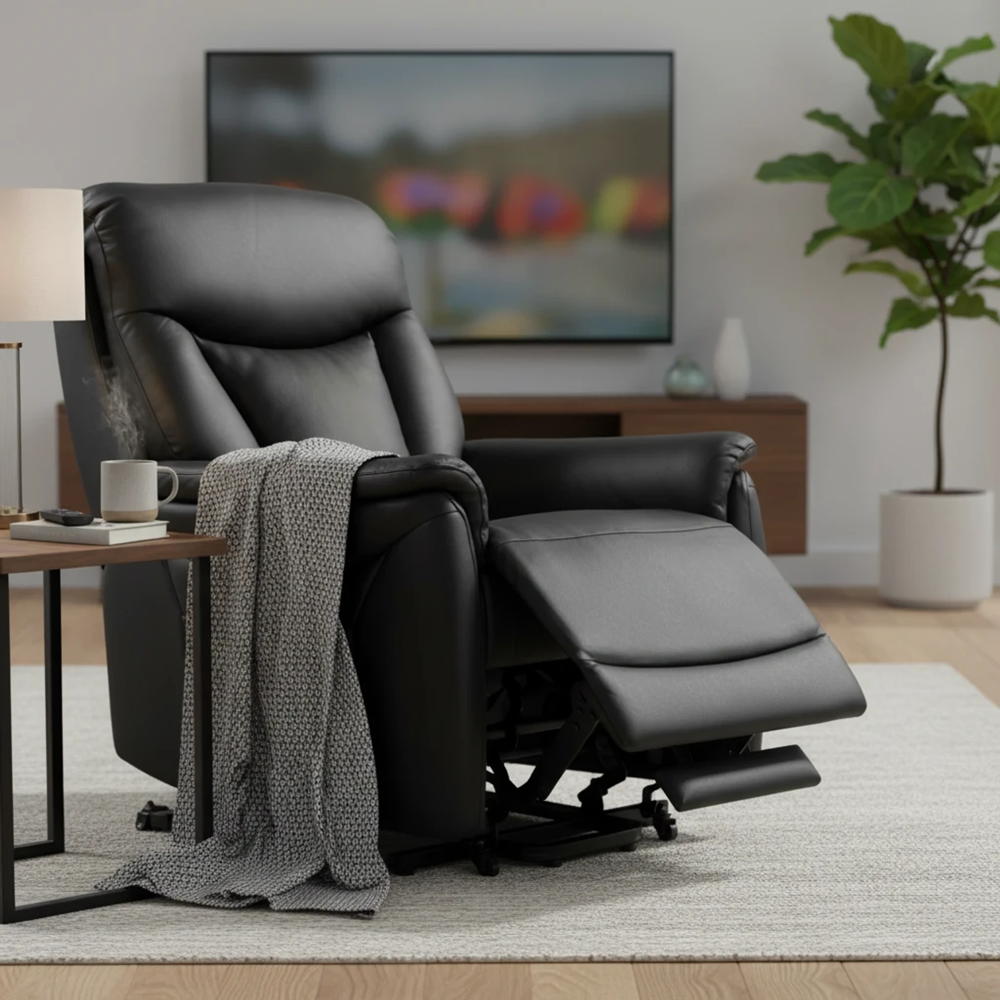Tate Hi-Lift Recliner Chair in black leather with a gray knit throw draped over the arm, shown in a modern living room