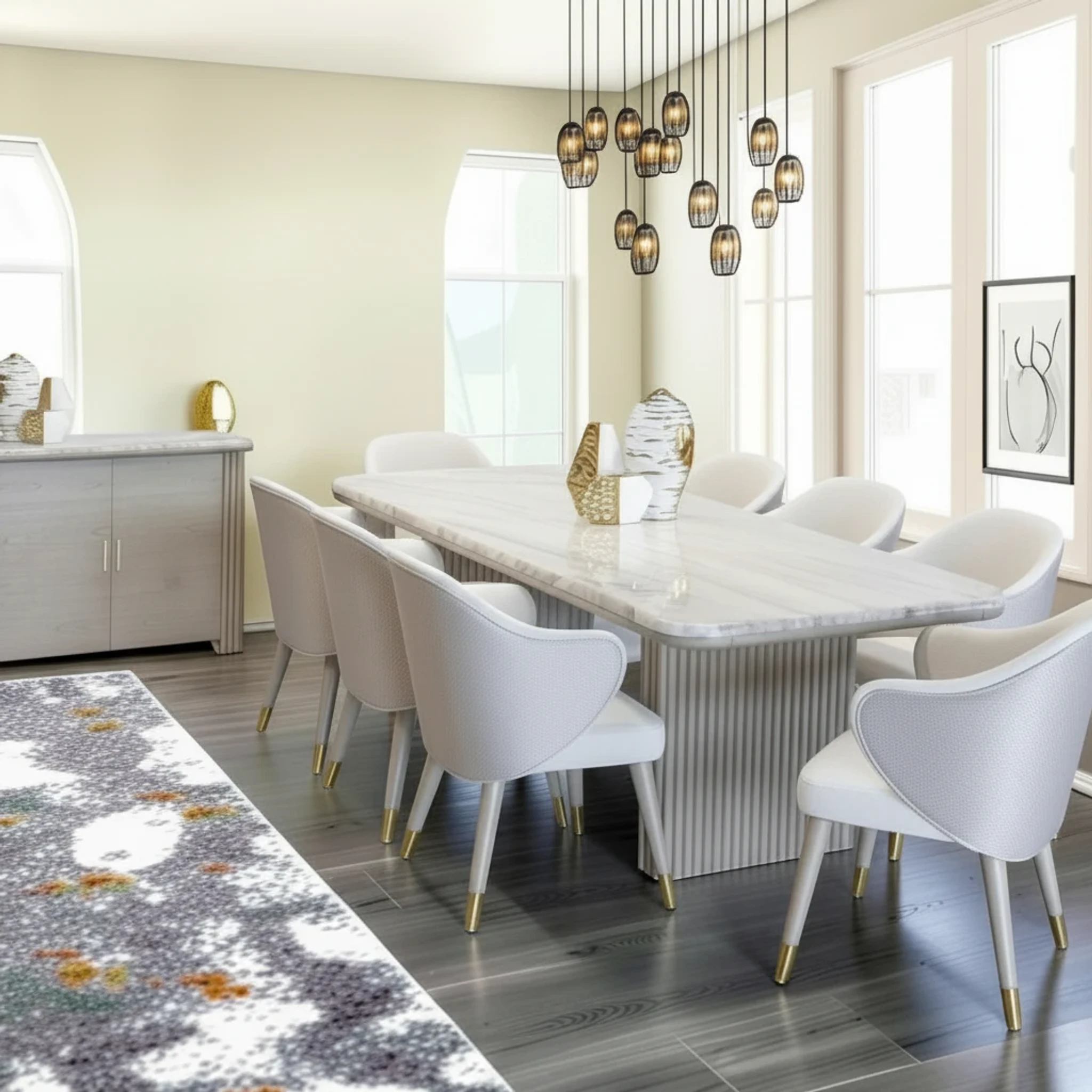 Tazmyn 9 Piece Dining Room Suite in grey oak with a marble-like tabletop and modern upholstered chairs.