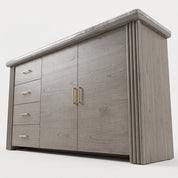 Tazmyn Sideboard in grey oak with marble-look top and brass handles, angled front view showing doors and drawers.