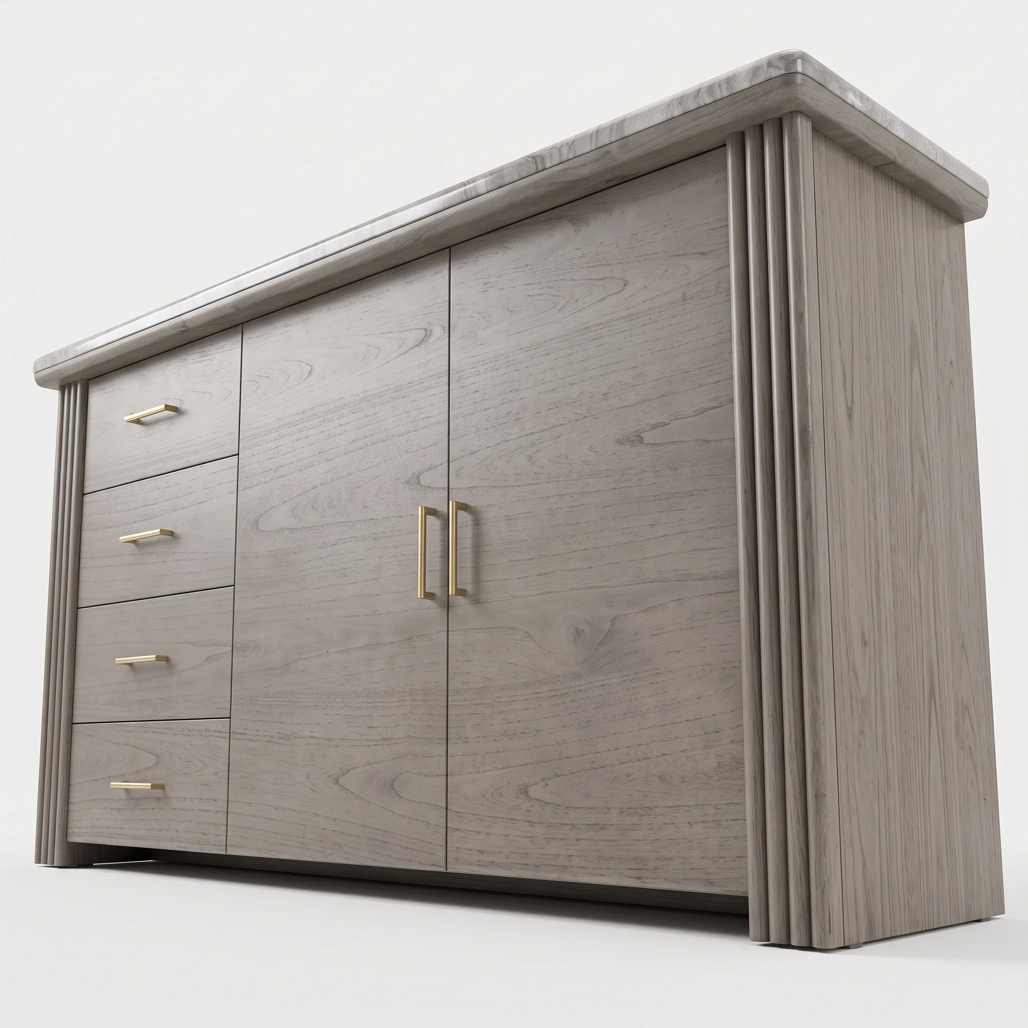 Tazmyn Sideboard in grey oak with marble-look top and brass handles, angled front view showing doors and drawers.