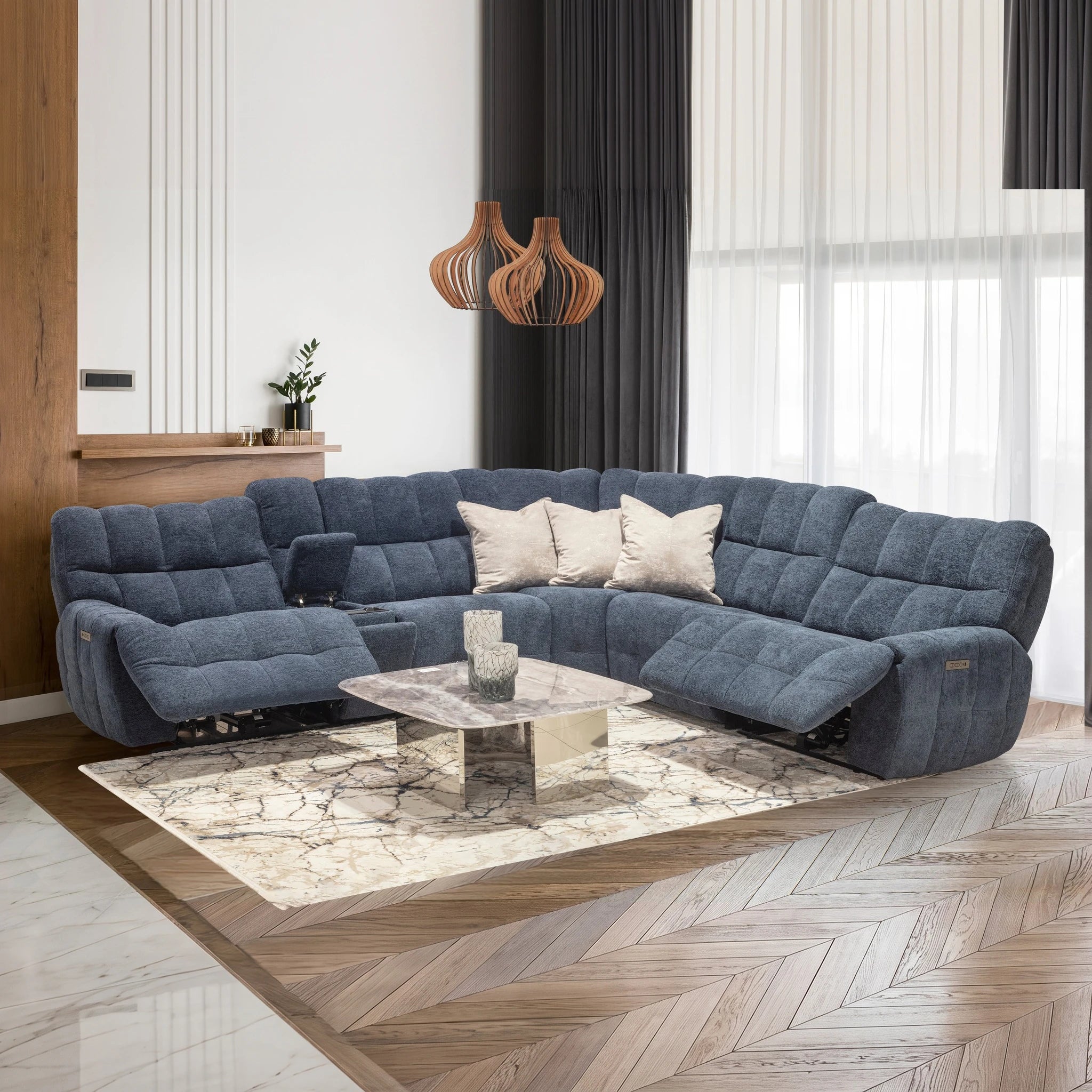Tempo 3 Power Corner Lounge Suite in blue fabric with plush sectional corners and built-in power reclining seats.