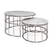 Torano 2-piece coffee table set featuring round white marble tops and polished silver metal cage bases.