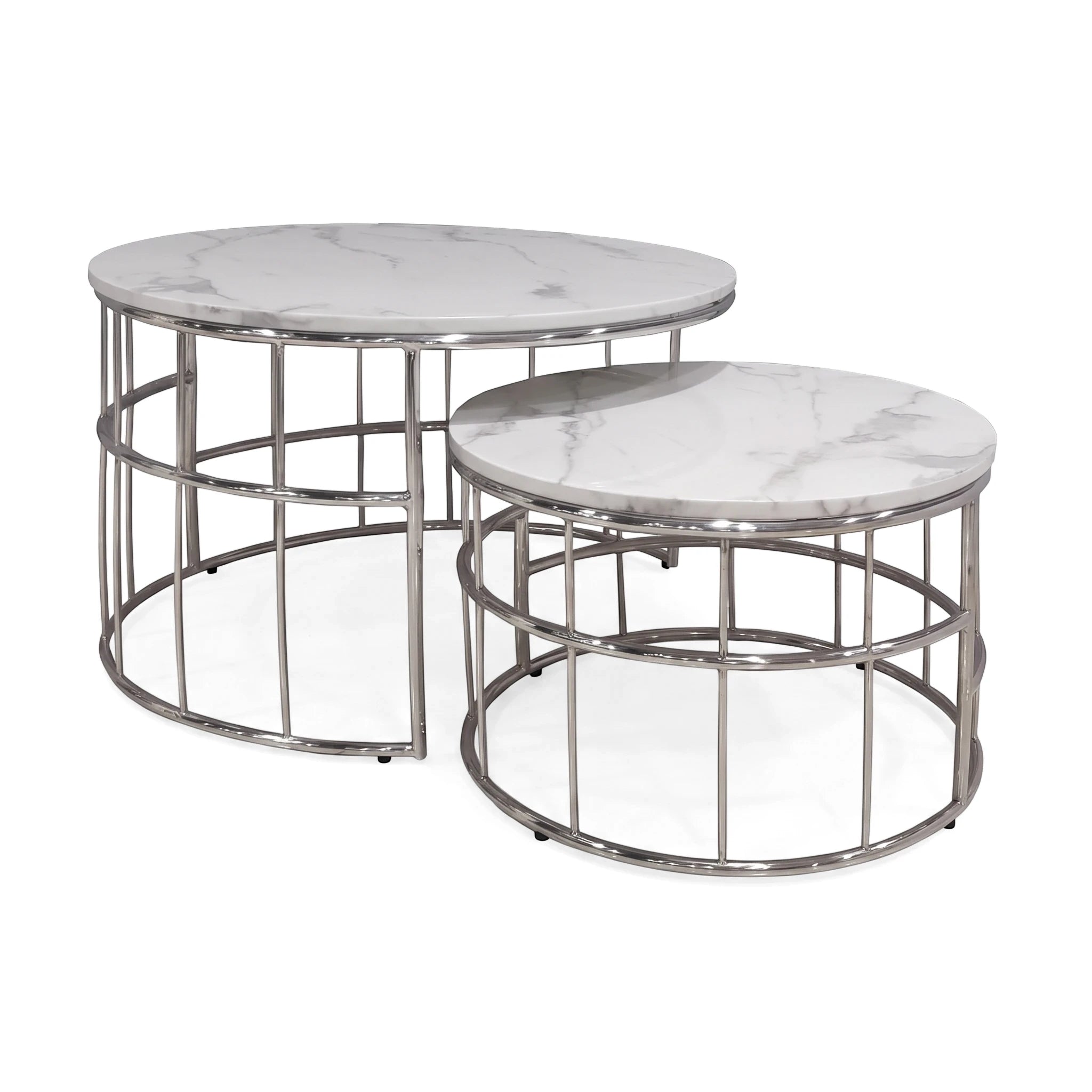 Torano 2-piece coffee table set featuring round white marble tops and polished silver metal cage bases.