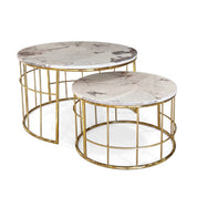Torano Coffee Table 2 Piece Set with round white marble tops and intricate gold metal cage bases, nested.