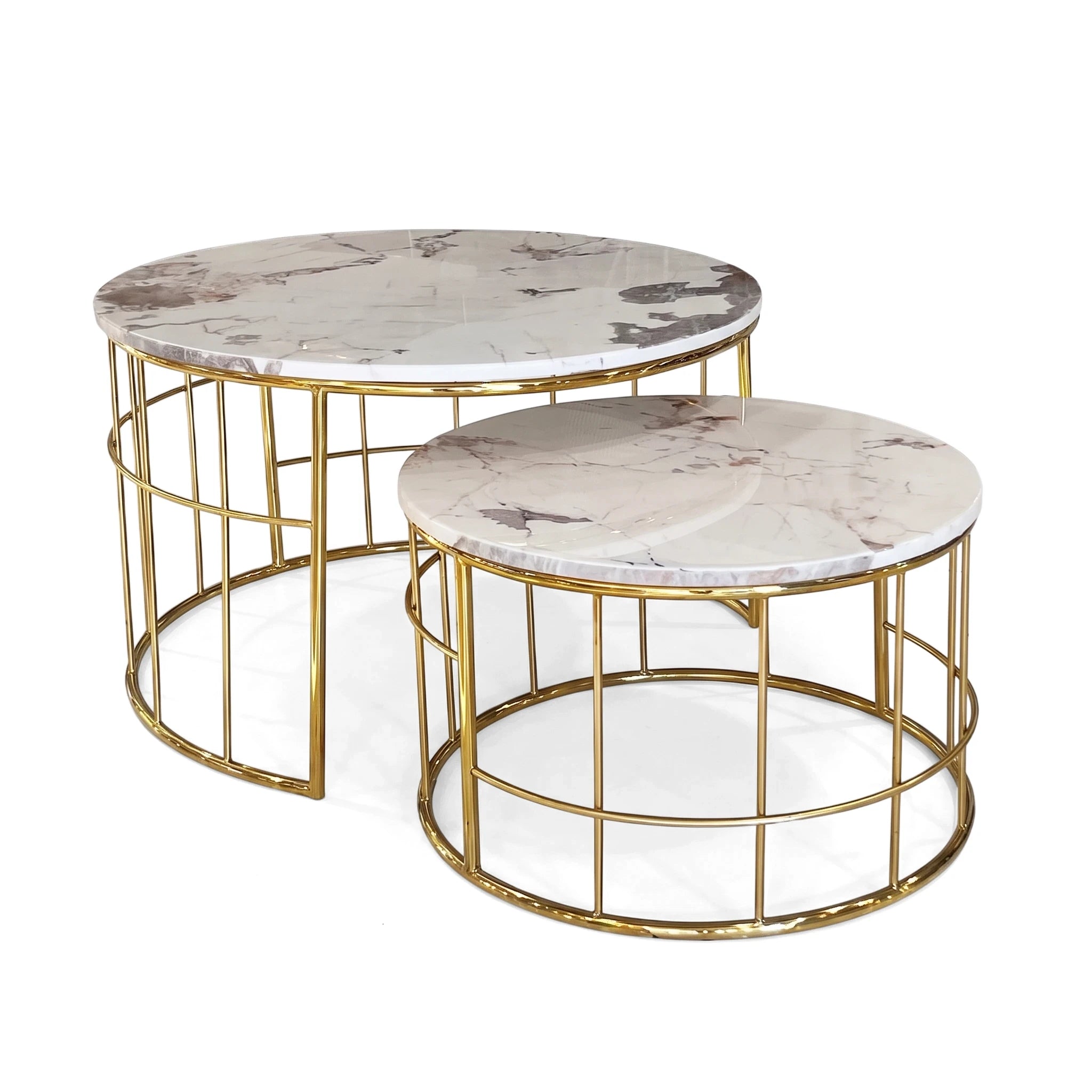 Torano Coffee Table 2 Piece Set with round white marble tops and intricate gold metal cage bases, nested.