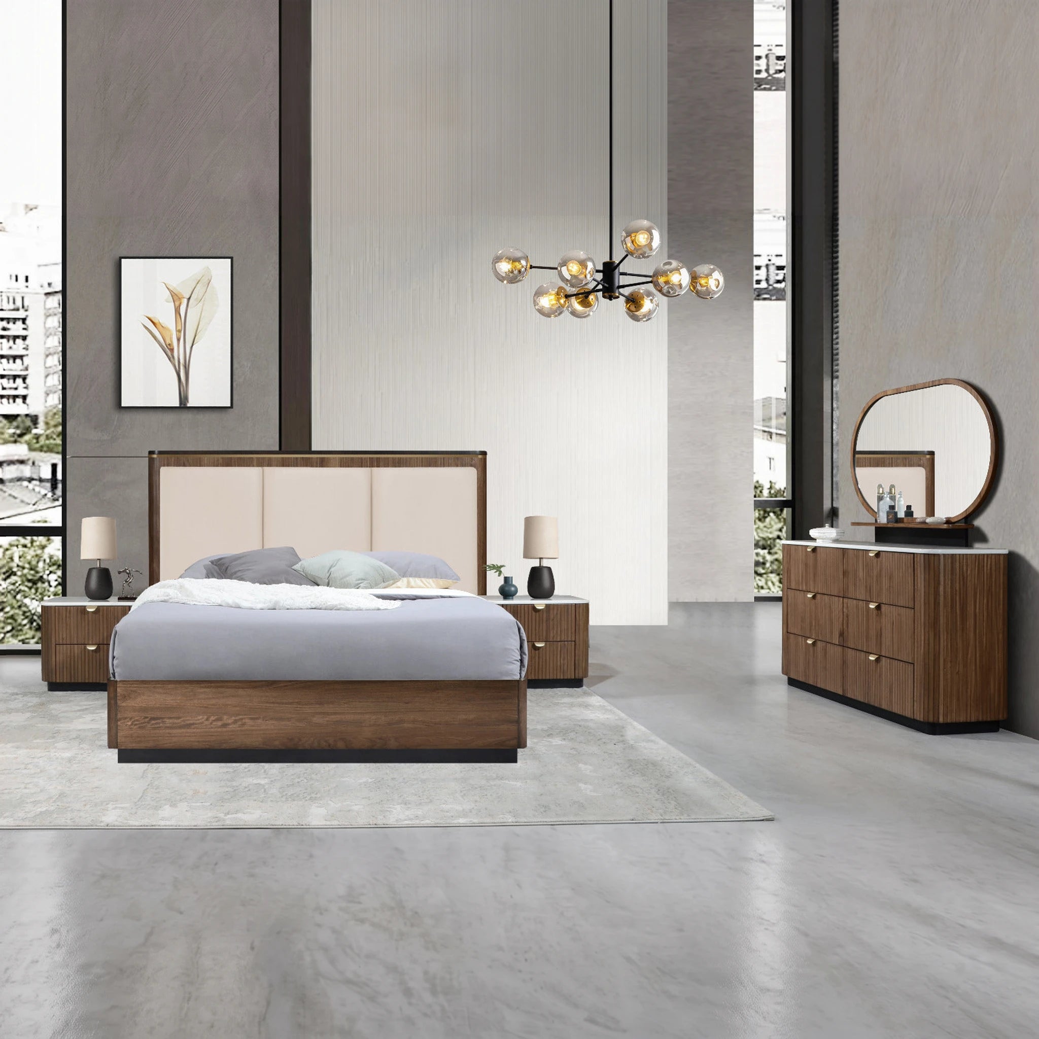 Tosca 3 Piece Bedroom Suite in Joya Oak with upholstered headboard and matching nightstands