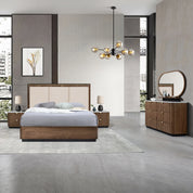 Tosca dressing table and matching mirror in Joya Oak wood, featuring a six-drawer dresser and round framed mirror for