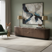 Tossa TV Stand in Chocolate brown with ribbed wood panels, curved silhouette, and gold hardware.
