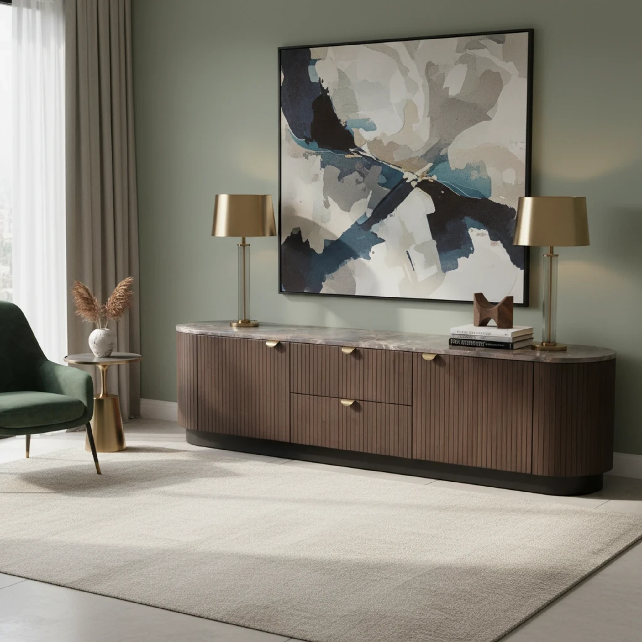 Tossa TV Stand in Chocolate brown with ribbed wood panels, curved silhouette, and gold hardware.