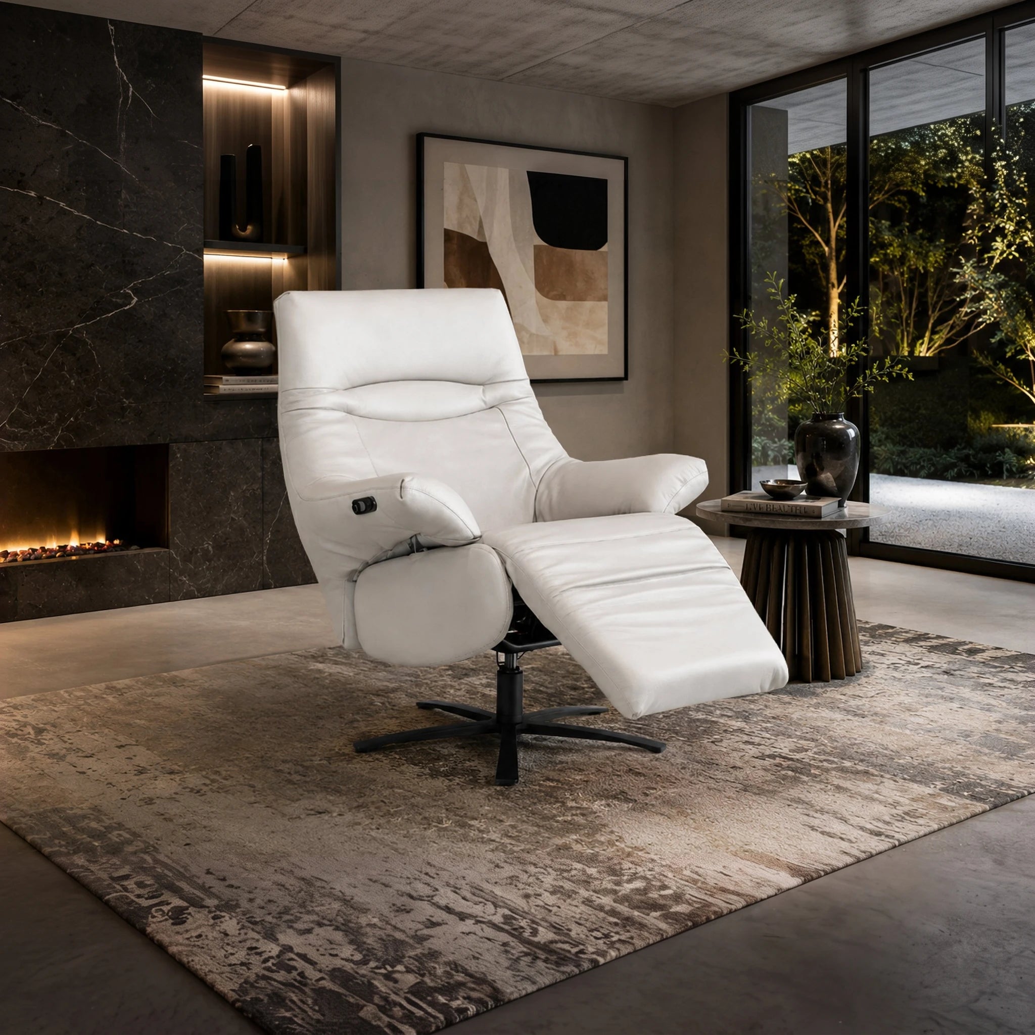 Trafford Power Recliner Chair in white leather with a cushioned headrest and extendable leg rest for comfortable relaxation.