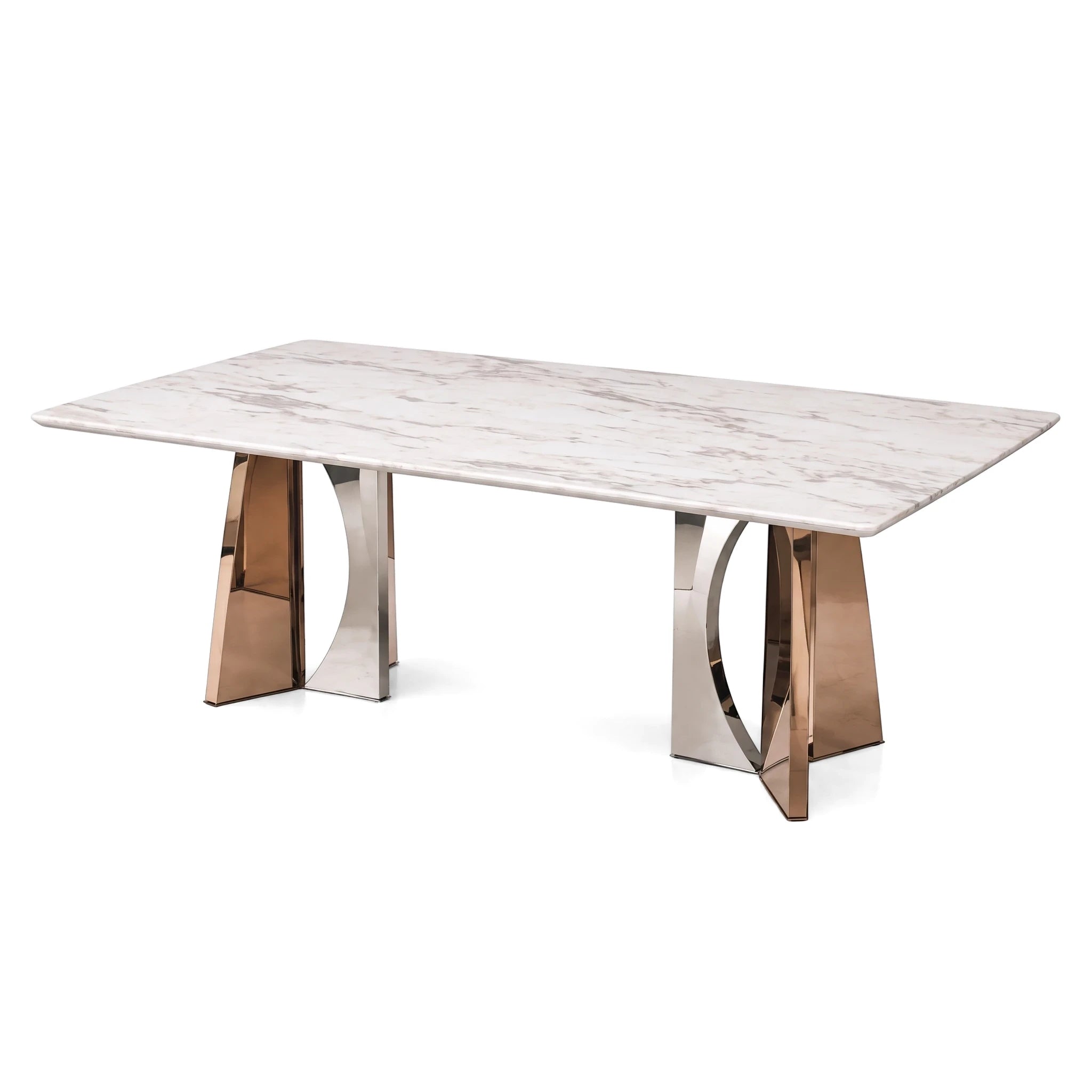 Rectangular Umberto dining table with a white marble top and a distinctive modern base combining rose gold and polished