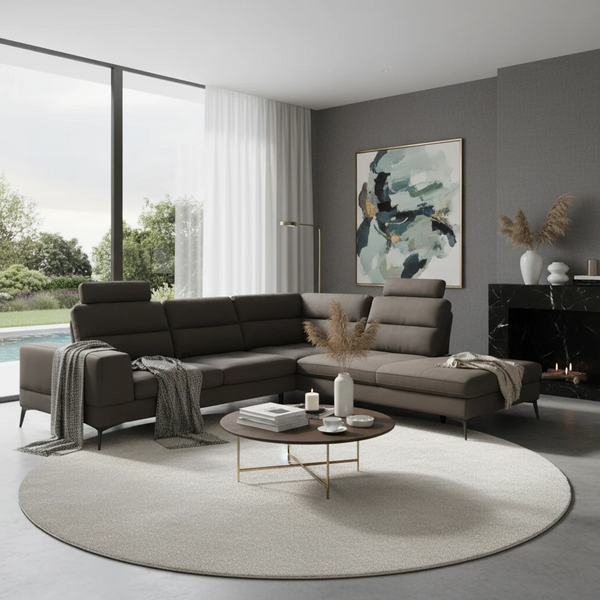 Valentino Fabric Corner Lounge Suite in charcoal grey plush fabric with adjustable headrests for a modern sectional look.